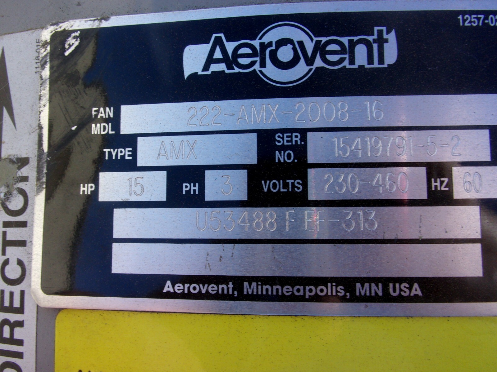 Aerovent 222-AMX-200-16 Type AMX Blower Fan , 15HP , 1765 RPM , 230/460V