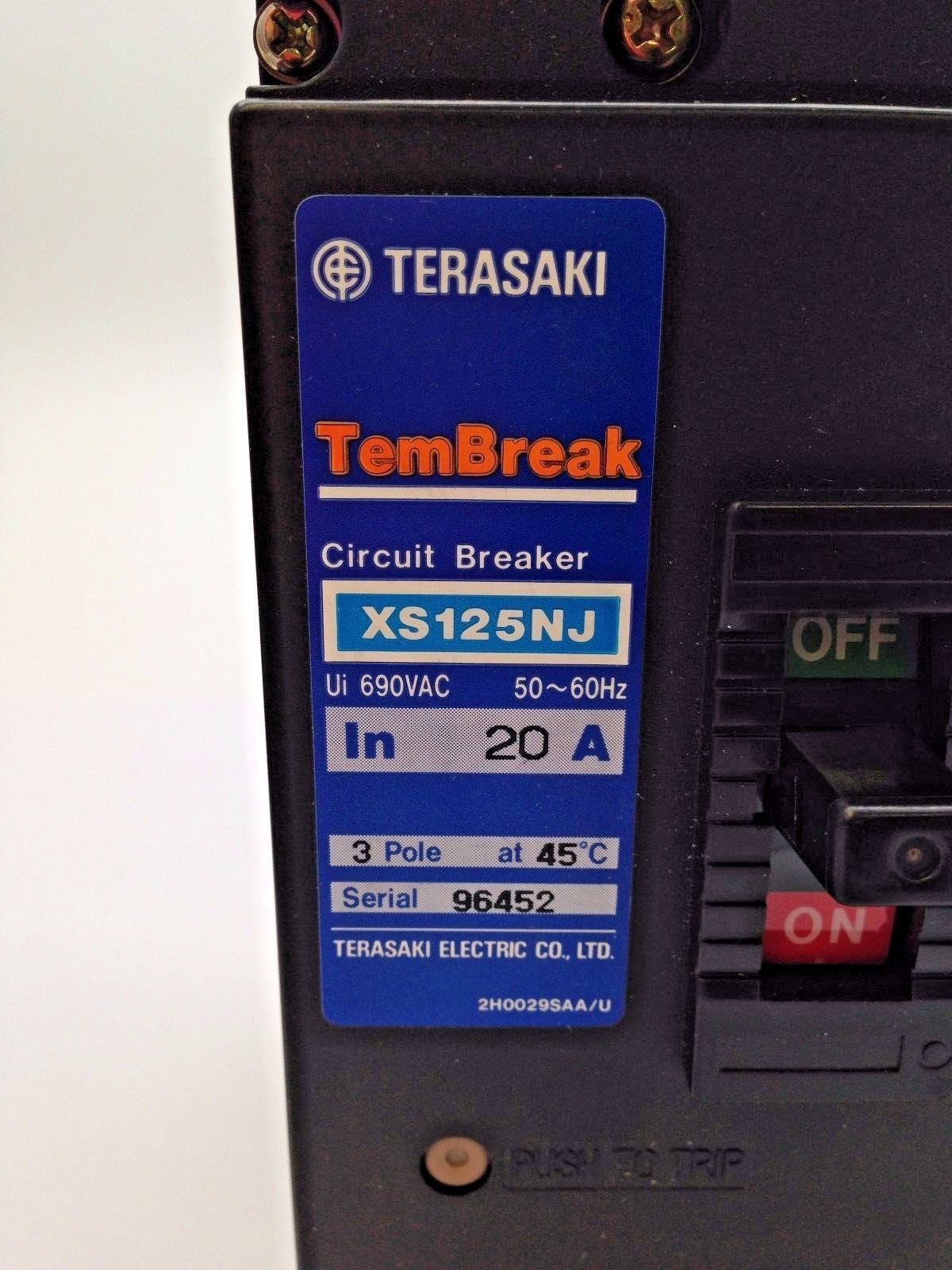 TERASAKI TemBreak XS125NJ Circuit Breaker 3 Pole 20A FC 30kA at 415VAC