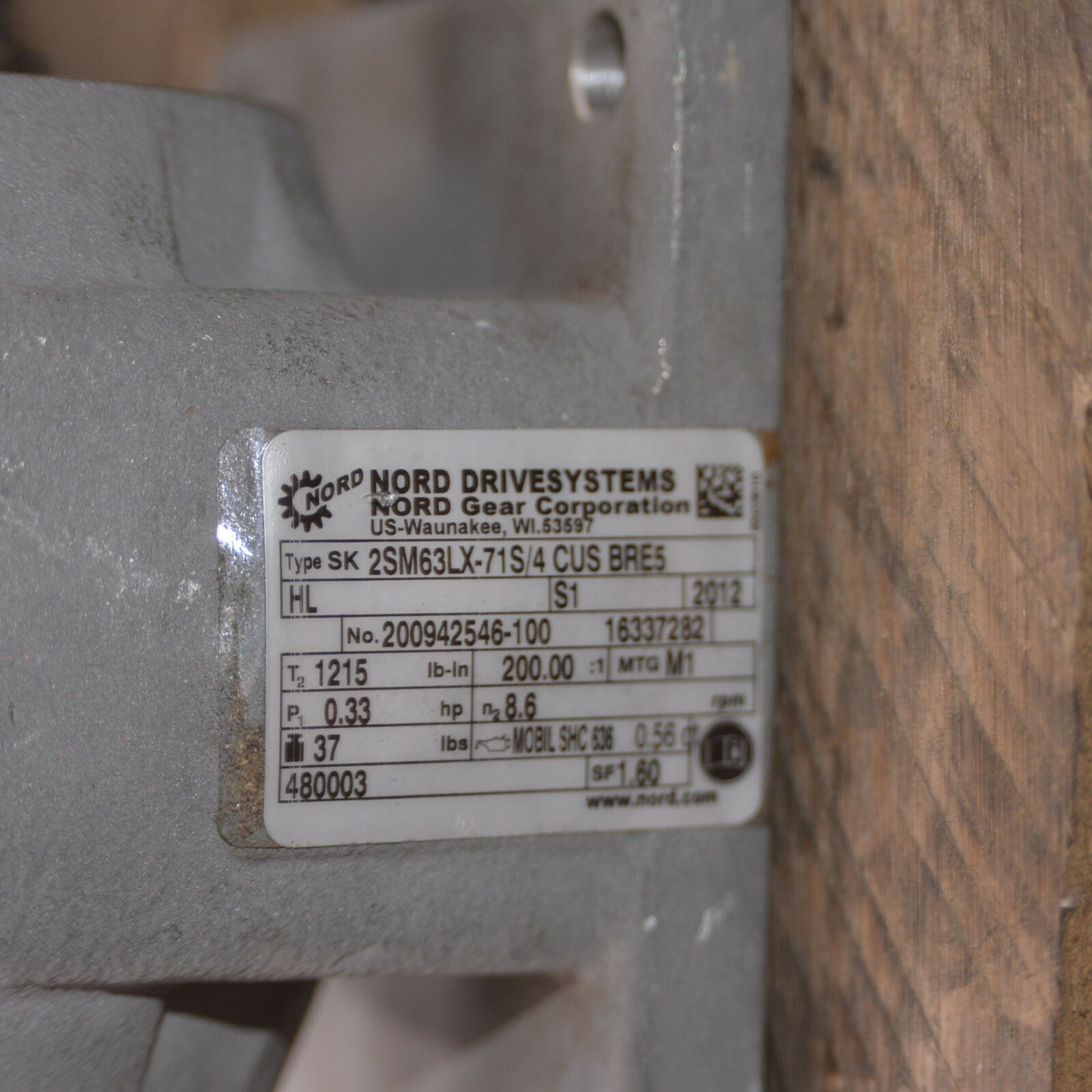 Nord Drivesystems SK 2SM63LX-71S/4 CUS BRE5 200:1 Motor 0.33HP 32mm shaft