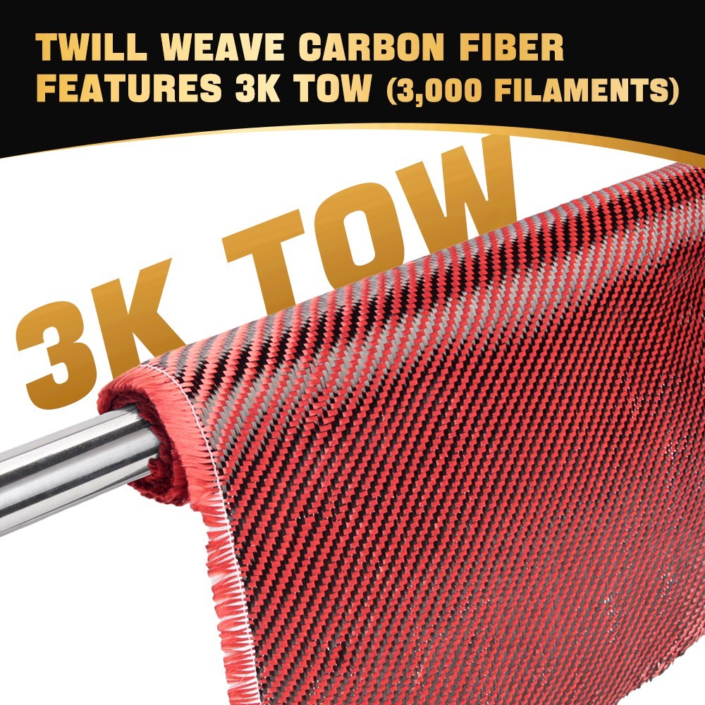 12″ x 5FT Twill Weave Black Red Carbon Fiber Fabric Cloth (3K, 9oz, 12″x59″)
