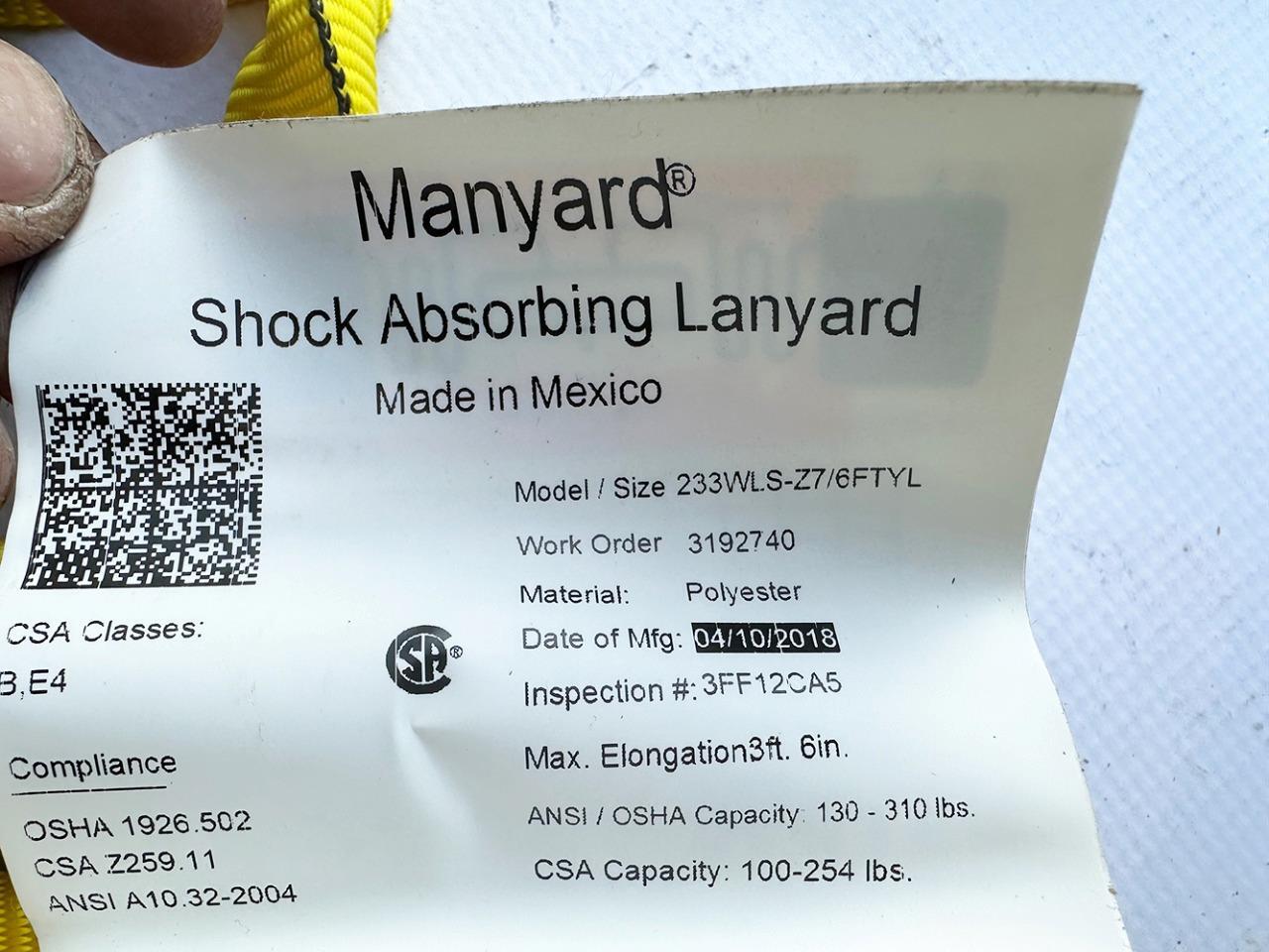 Honeywell Miller 233WLS-Z7/6FTYL Shock Absorbing Lanyard NEW FREE FAST SHIP