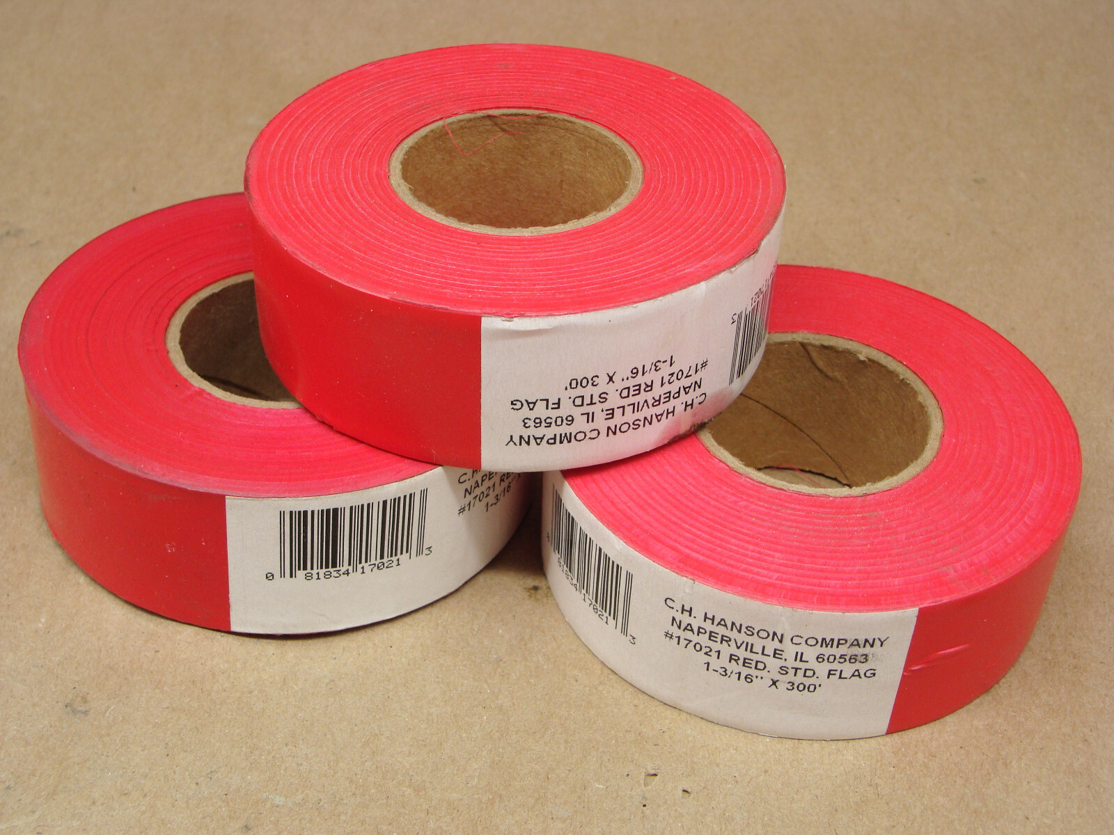 LOT OF 3 C.H. HANSON #17021 RED STD. FLAG TAPE 1-3/16″ X 300′
