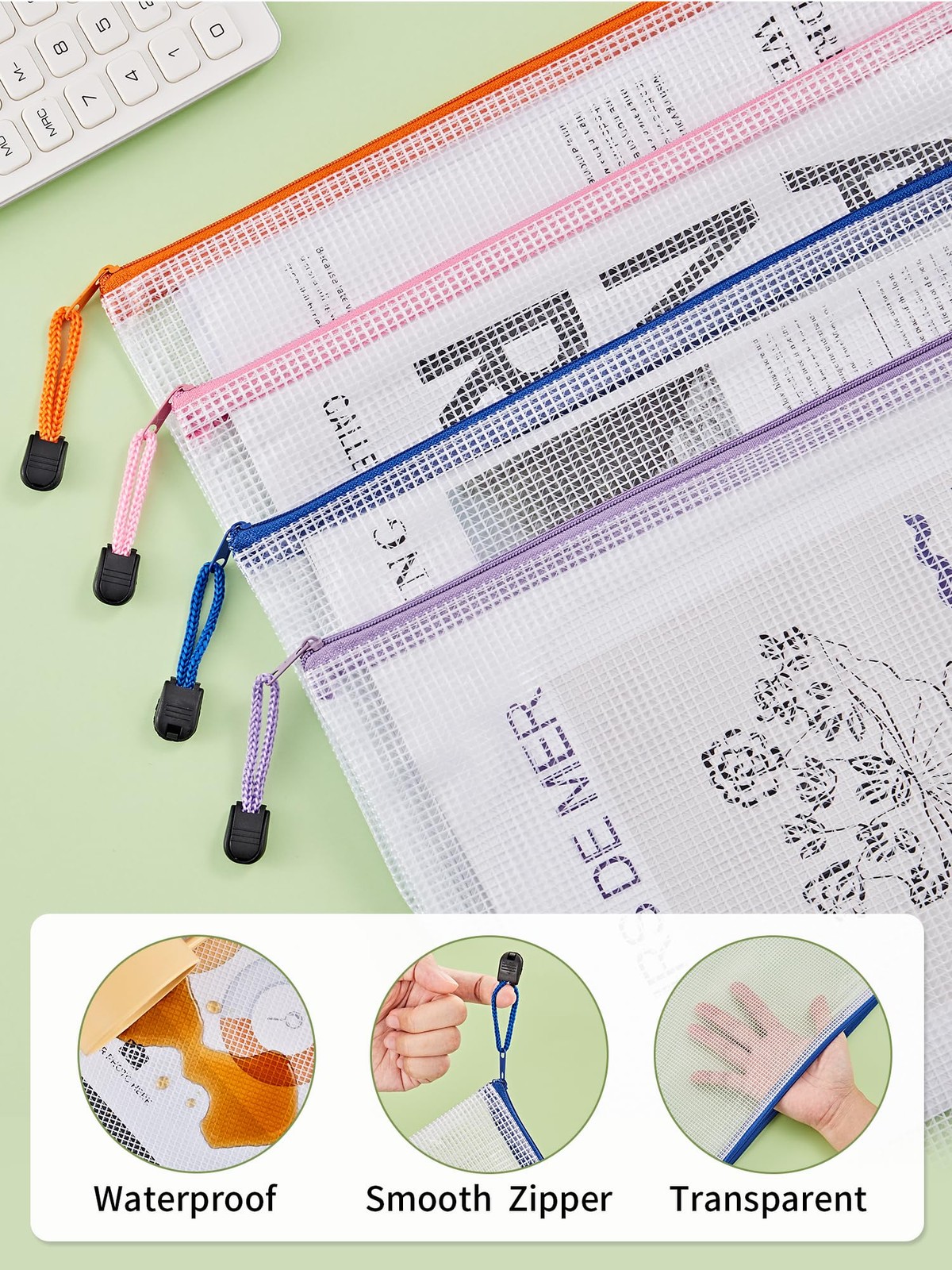 JARLINK 20 Pack 10 Colors Zipper Mesh Document Pouch, A4-20pcs, 10