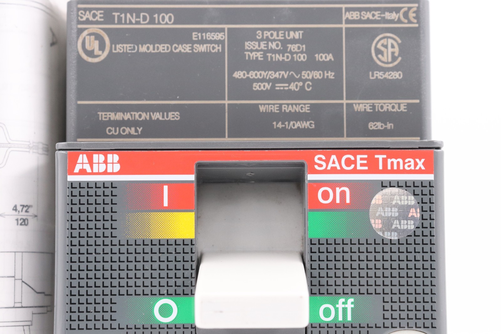ABB SACE TMAX T1N-D100 100A 3-POLE CIRCUIT BREAKER, 480-600Y/347V 22KA@480V