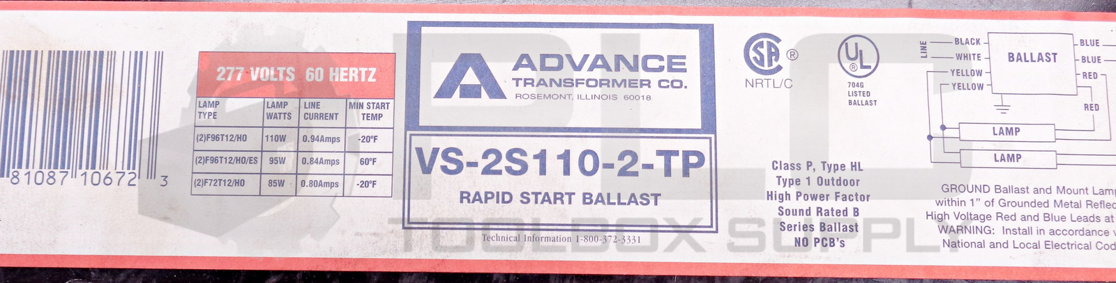 NEW ADVANCE BALLASTS VS2S110TP RAPID START BALLAST 277V 60HZ
