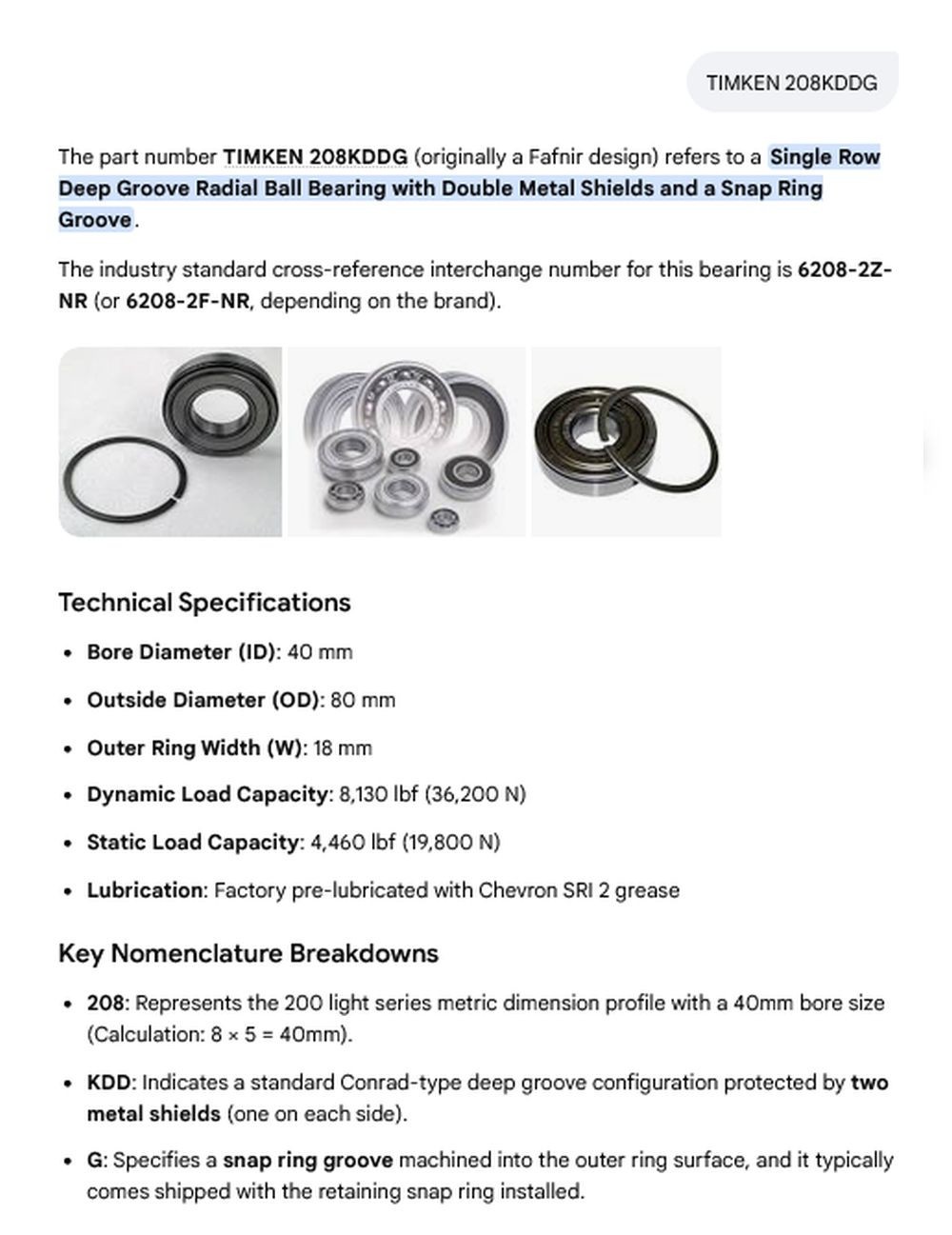 1 NEW TIMKEN 208KDDG 40X80X18mm RADIAL BALL BEARING W/SNAP RING NIB *MAKE OFFER*