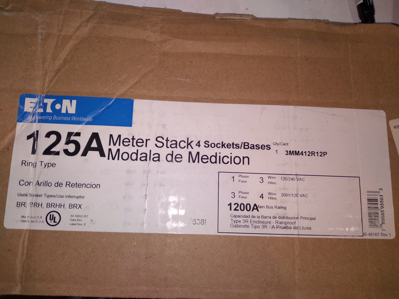 EATON 125A METER STACK 3MM412R12P 4 SOCKETS/BASES 1200A 120/240VAC TYPE 3R