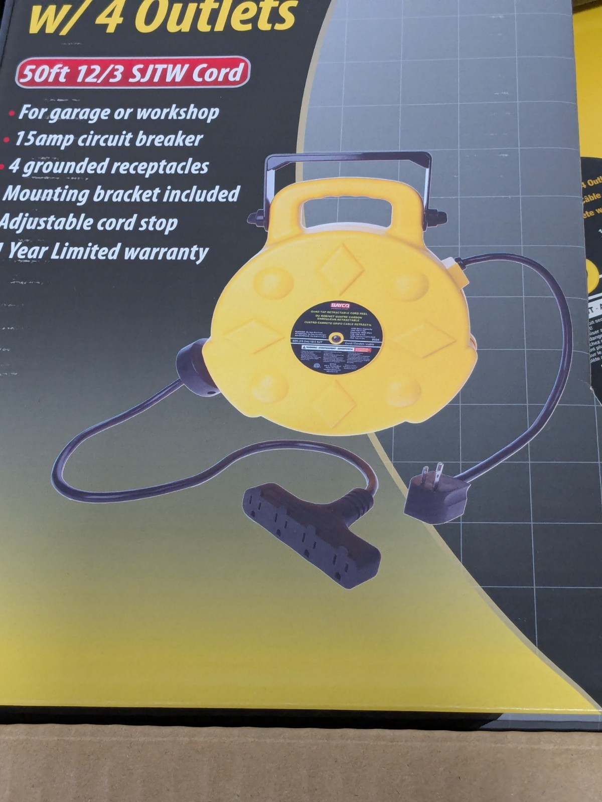 Bayco Cord & Cable Reel: 12 AWG, 50′ Long, Outlet End 4 Outlet SL-8904