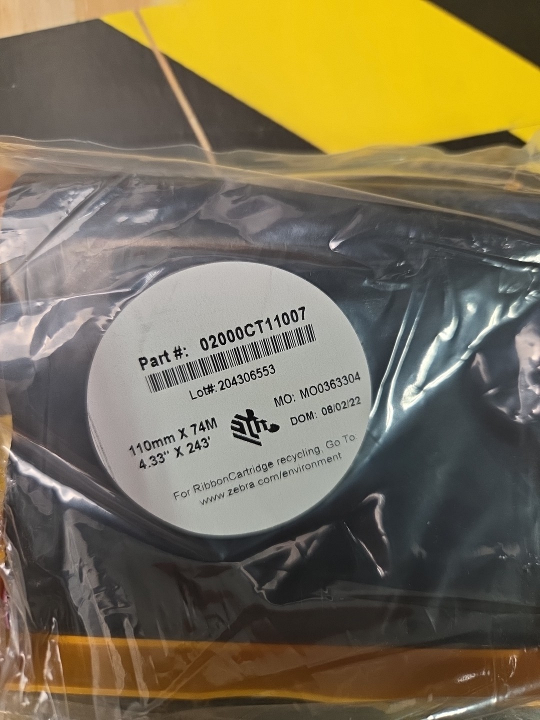 Zebra Performance 2000 Wax Ribbon 4.33″X 243′ Part 02000CT11007 DOM 8/1/19