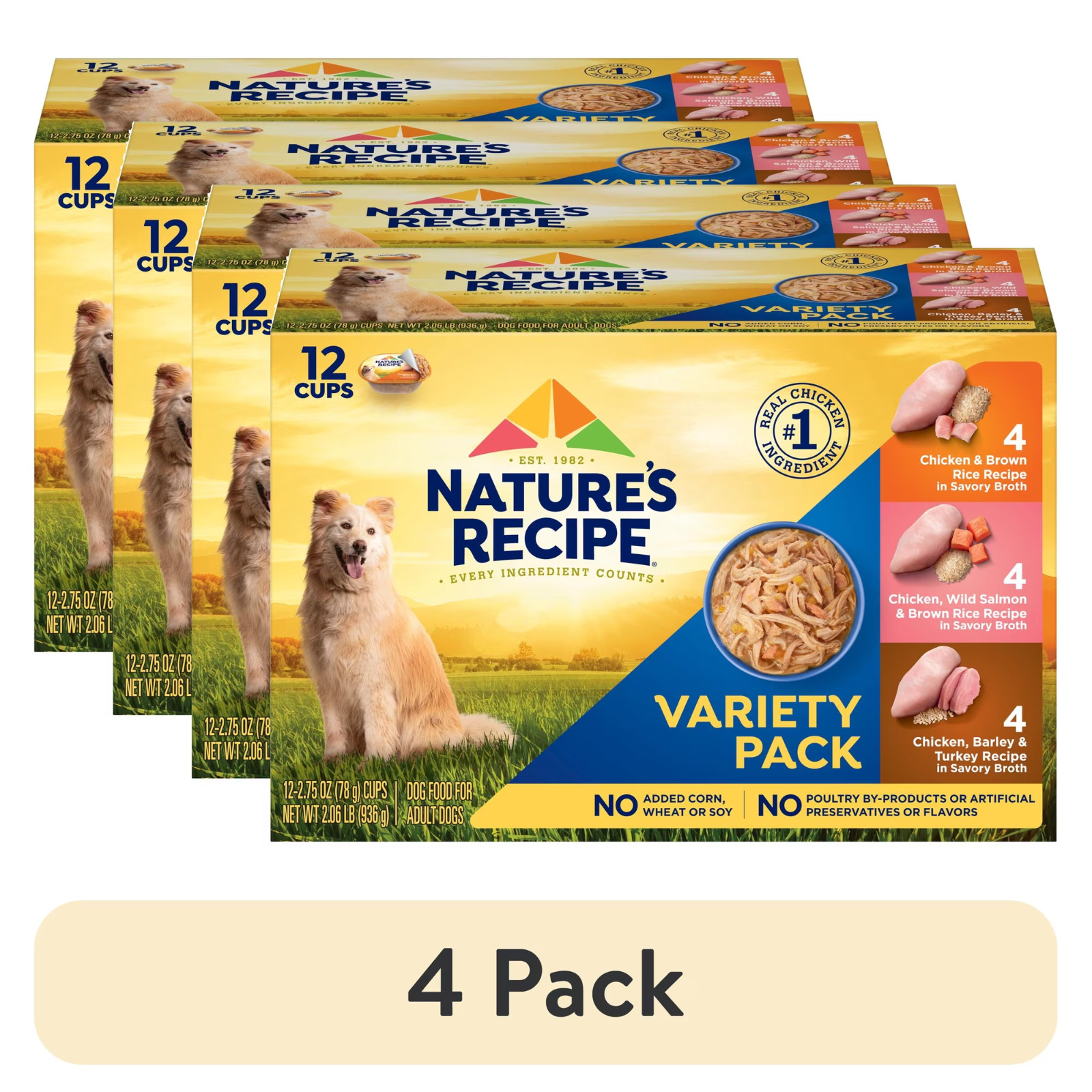 4 Pack Nature’s Recipe Chicken, Salmon & Turkey Wet Dog Food, 2.75 oz Cups 12Ct