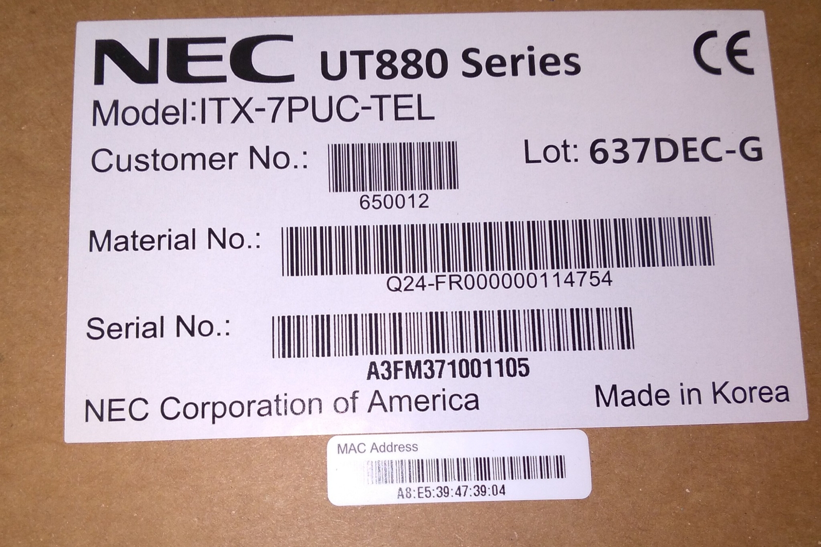 NEC UT880 SERIES ITX-7PUC-TEL