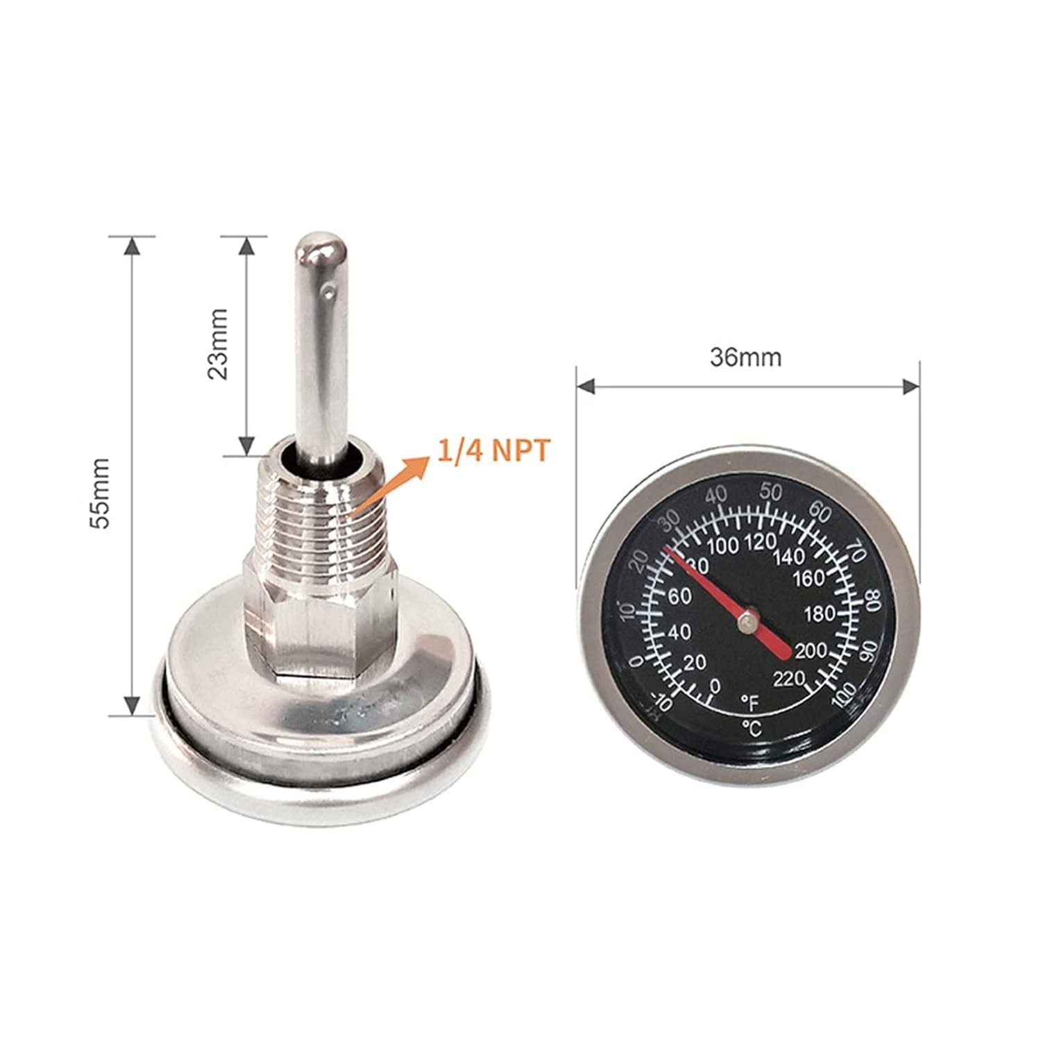 Temperature Probe Meter Gauge, Dial Thermometer NPT, Stainless 1/4 NPT Thermo…