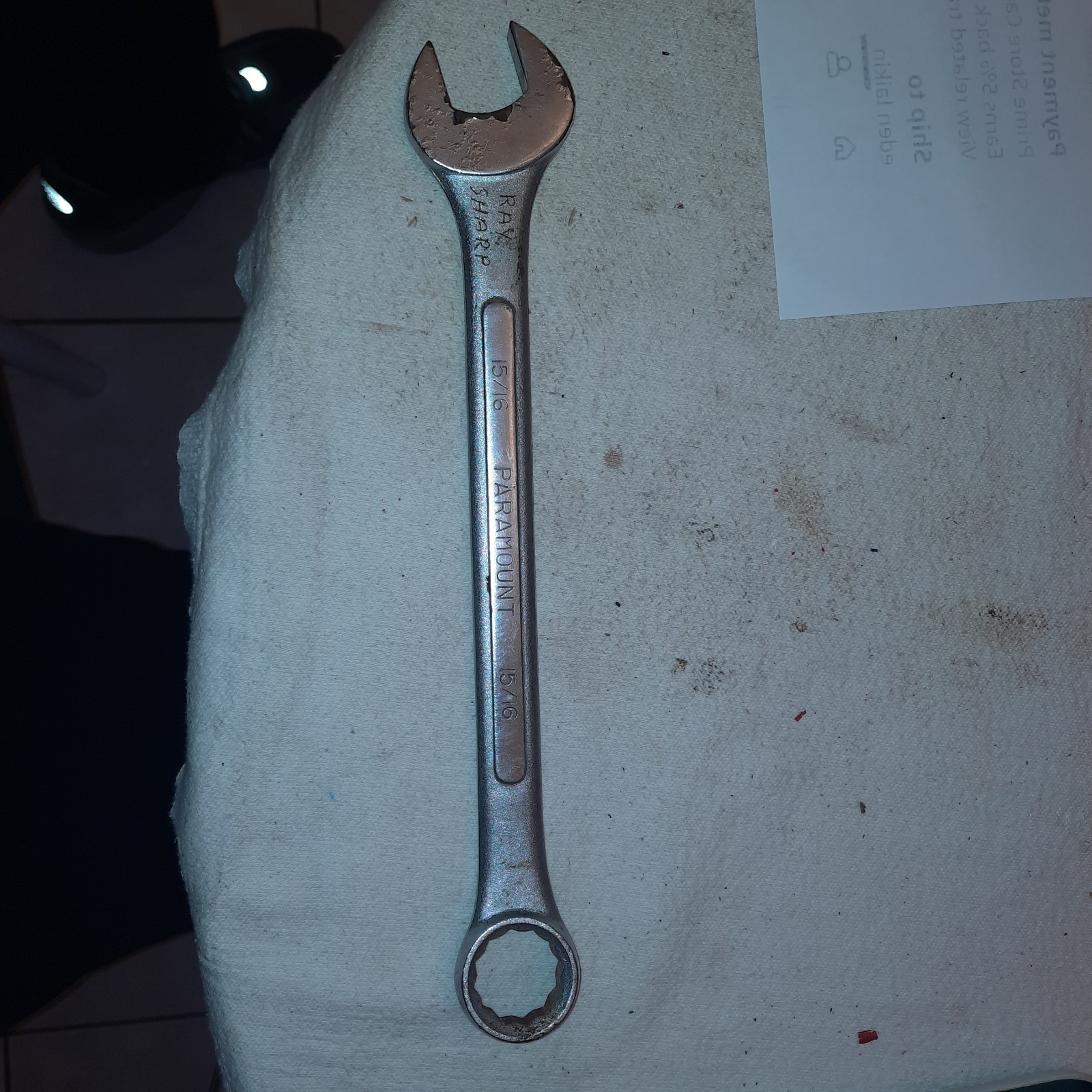 Paramount Combination Wrench 12 pt. 15/16 in. Some peeling chrome.