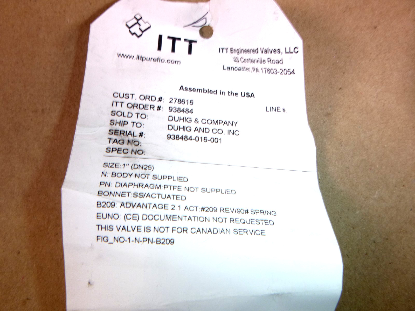 1″ ITT Pneumatic Actuator 90psi B209 Part Number 1-N-PN-B209