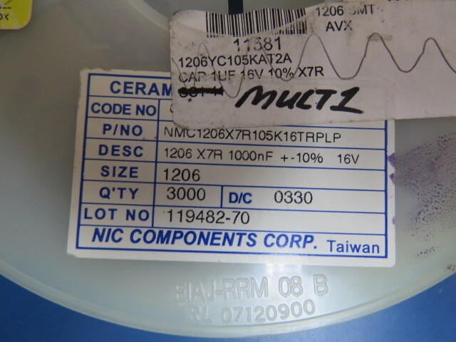 NIC COMPONENTS NMC1206X7R105K16TRPLP Qty of 2471 per Lot CAP 1UF 16V 10% X7R 12