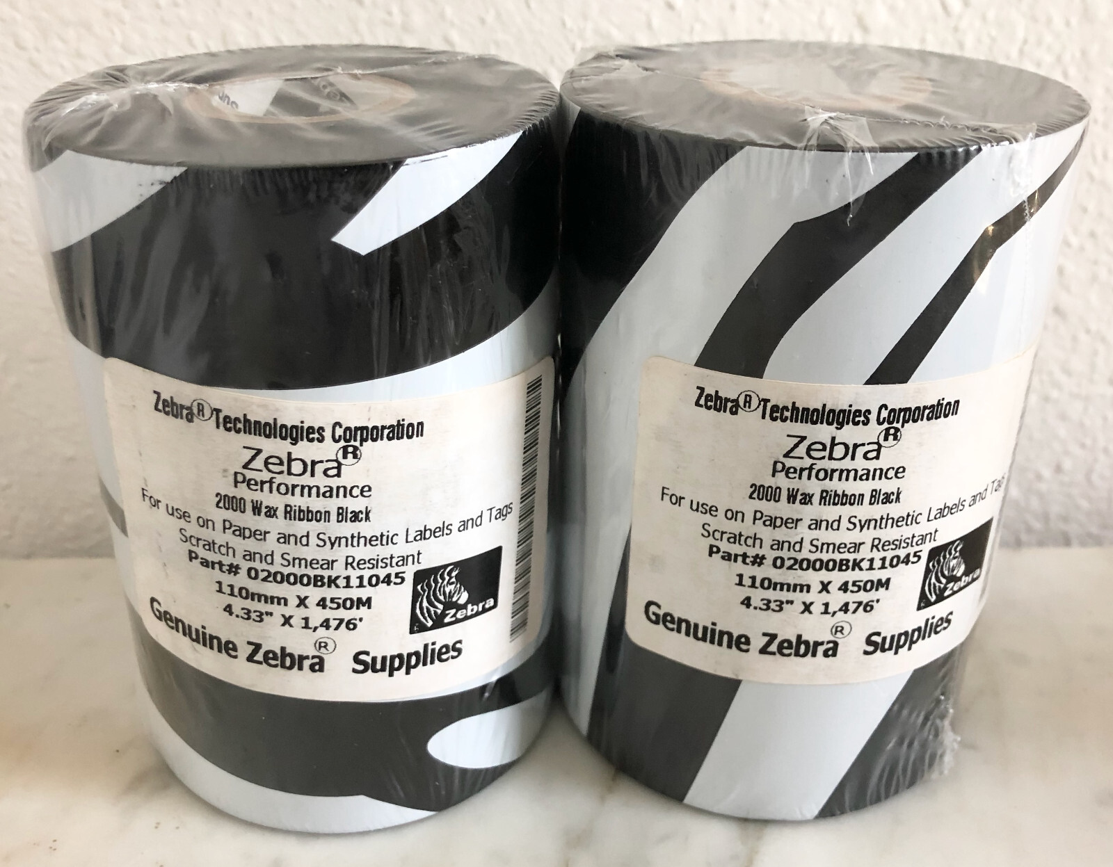 Lot of 2 ZEBRA TECHNOLOGIES 02000BK11045 89mm x 450m 2001 SERIES WAX RIBBON, BLK