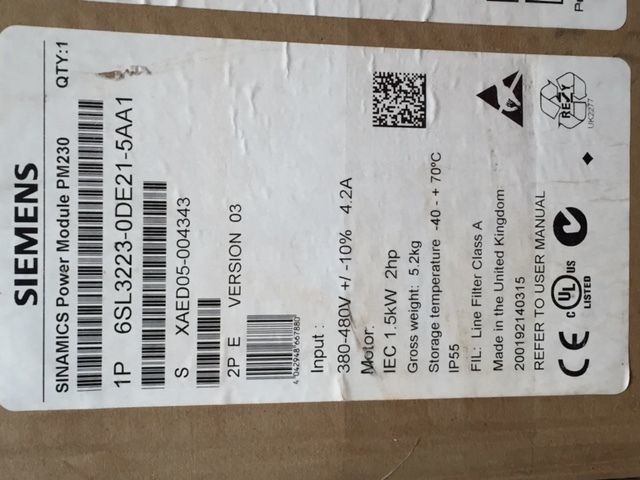 SIEMENS SINAMICS G120 PM230 6SL32230DE215AA1 Power Module FSA – FSC IP55 1.5kW