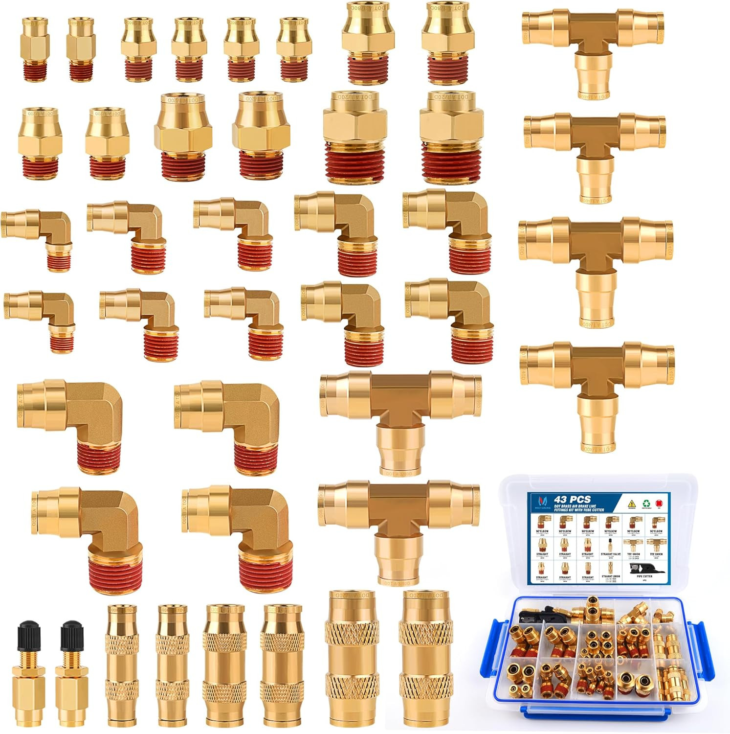 43 PCS Brass DOT Air Brake Line Fittings Assortment Kit 1/4″ 1/8″ 3/8″ 1/2″ Comp