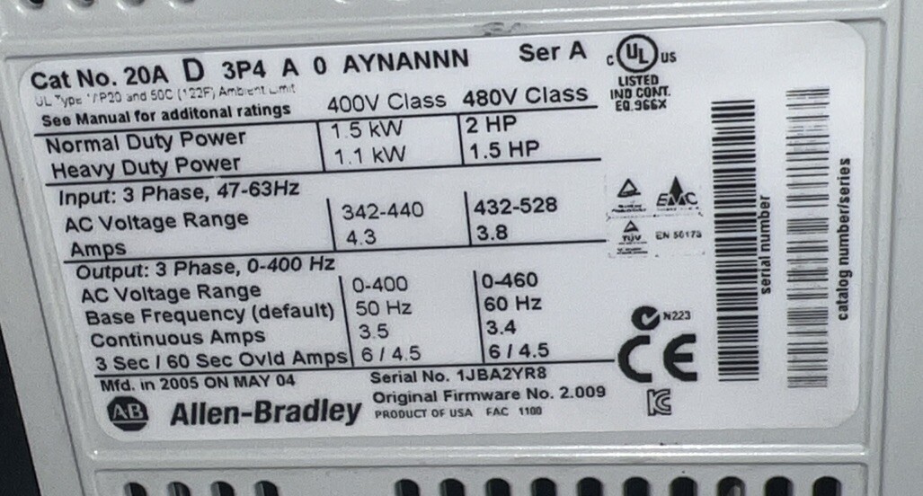 ALLEN-BRADLEY POWERFLEX 70 20AD3P4A0AYNANNN AC DRIVE 1.5KW / 2HP SER A