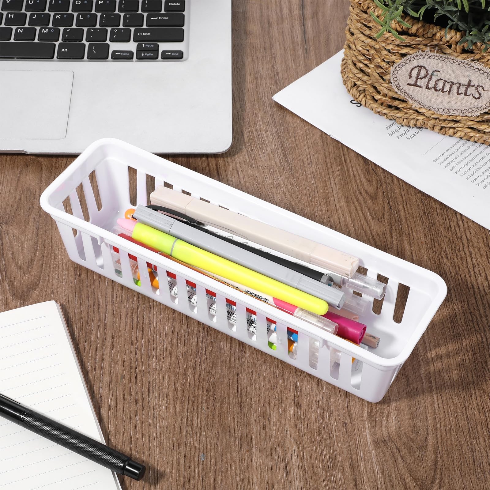 15 Pack Slim Plastic Storage Baskets Tray for Organizing, 9.84 X 2.17 X White