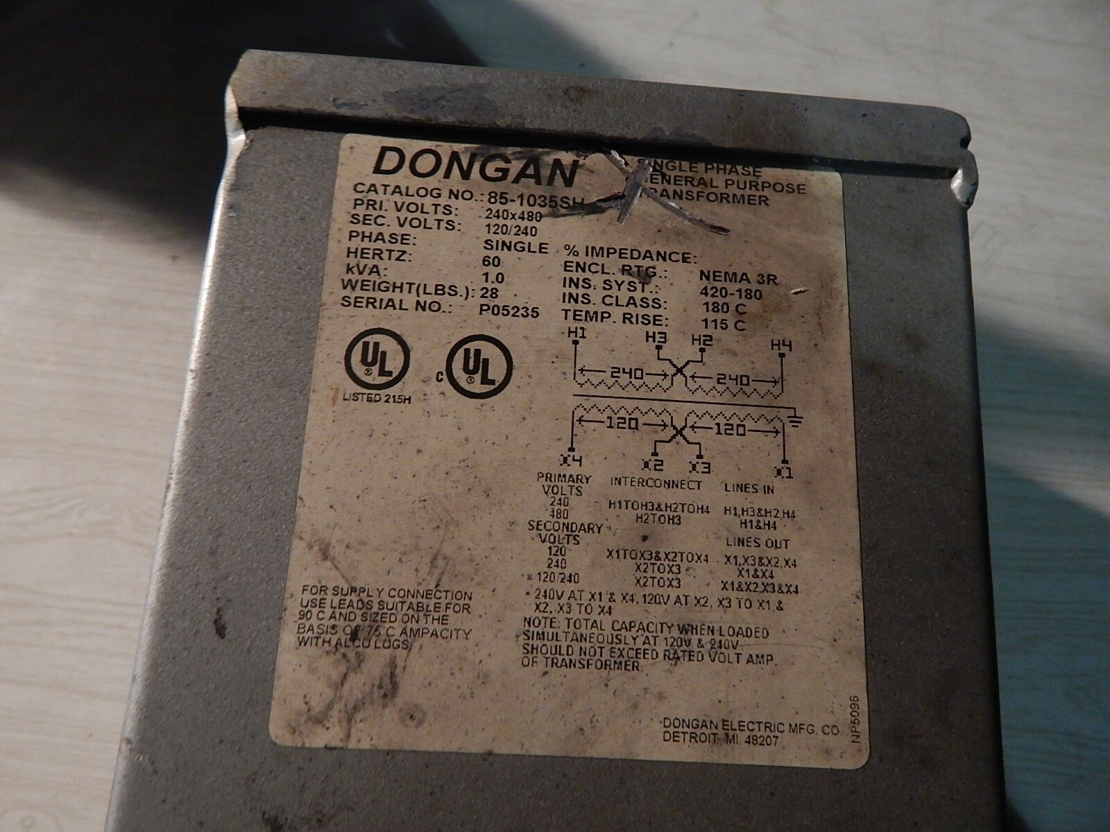 Dongan 85-1035SH P05235 NP-5096 Single Phase General Purpose Transformer