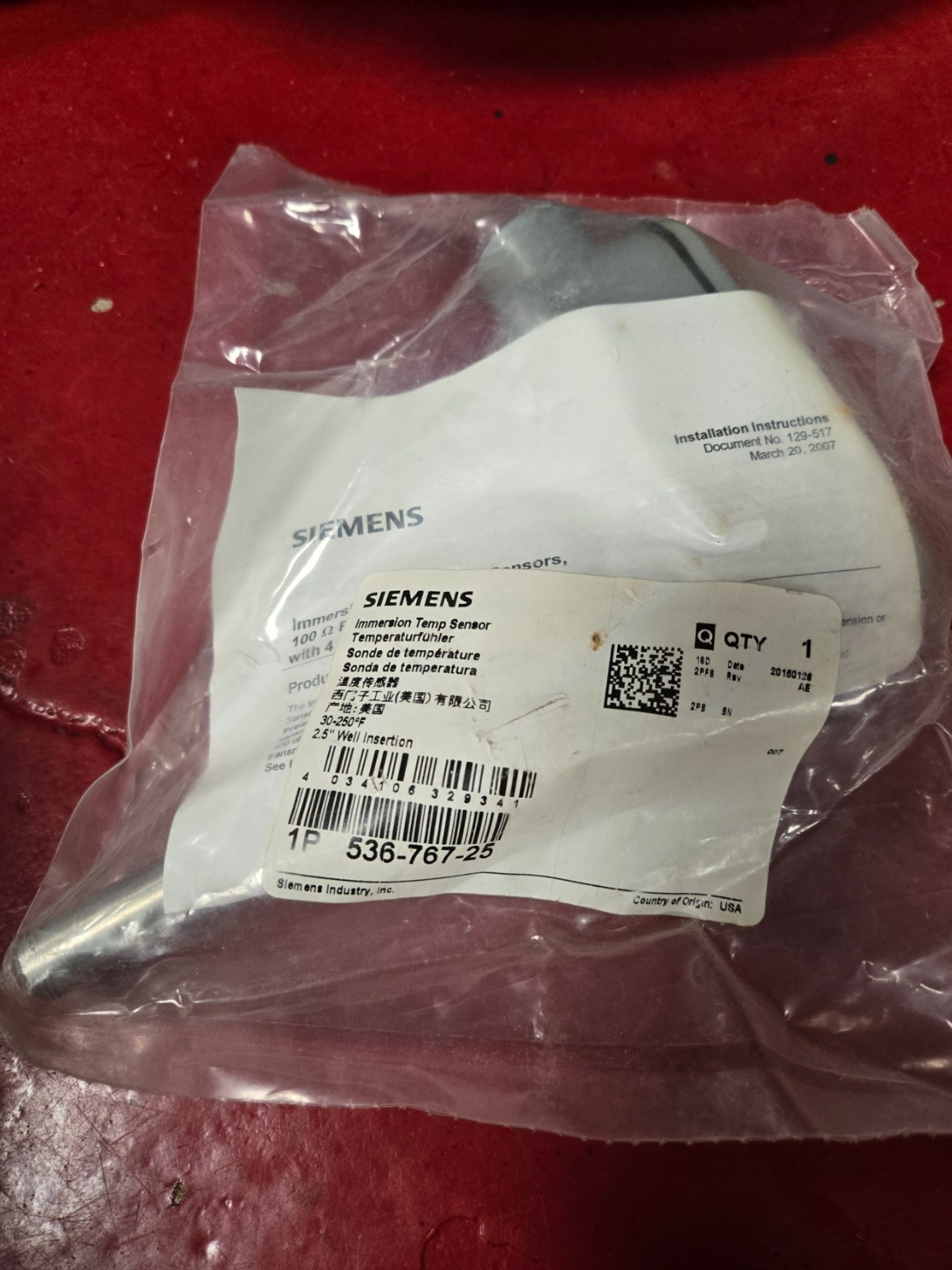 LOT of 3 New Siemens Industry 536-767-25 Immersion Temp Sensor