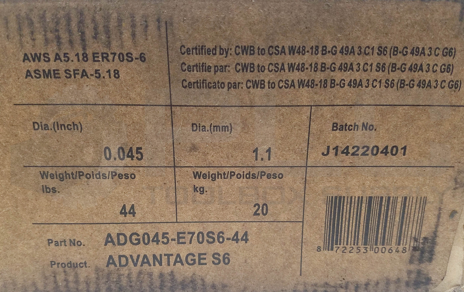 NEW ADVANTAGE ADG045-E70S6-44 MIG WELDING WIRE 0.045″ ER70S-6 44lb