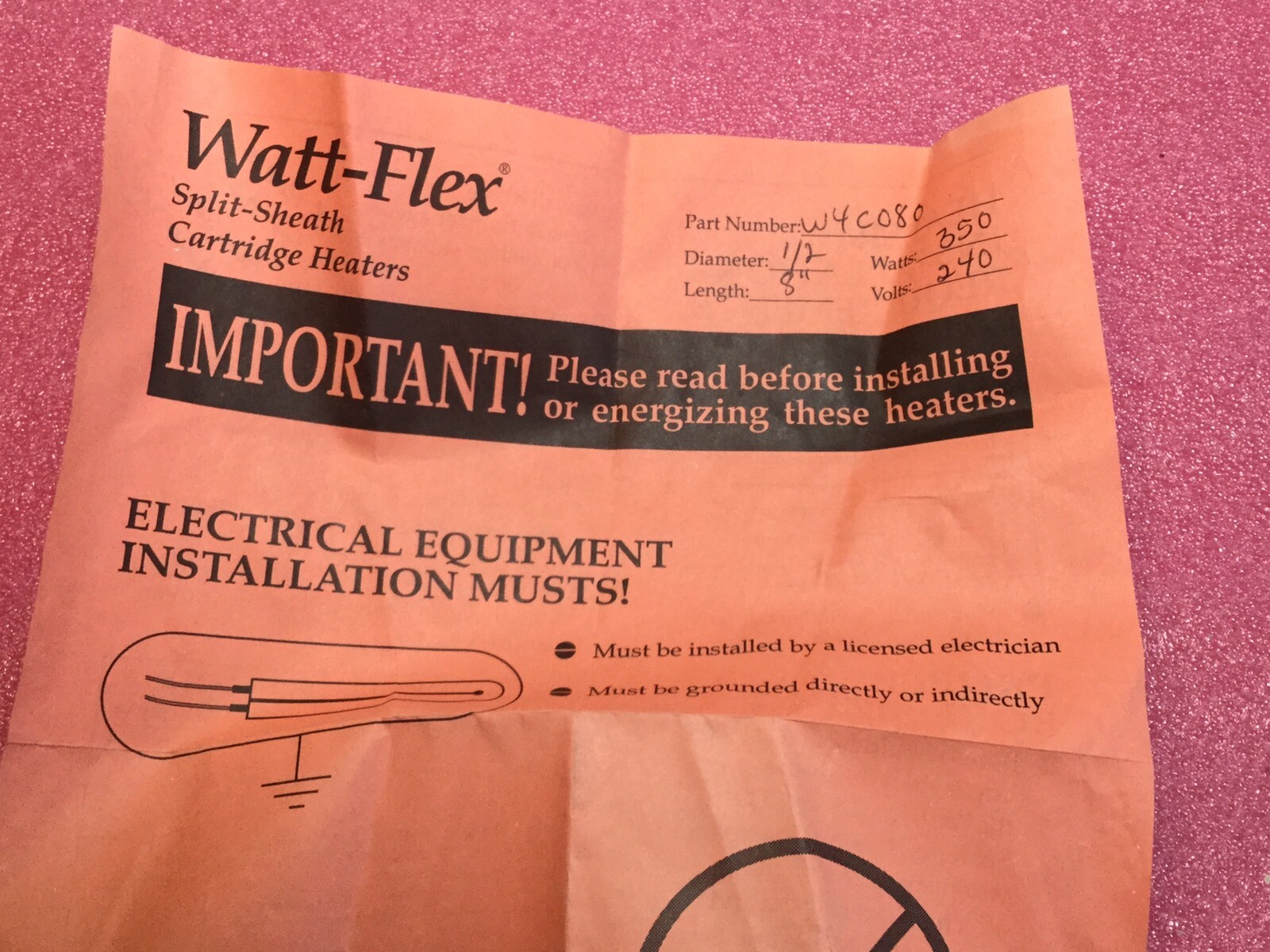 Dalton Electric Watt-Flex Split-Sheath Cartridge Heater W4C080 350W, 240V
