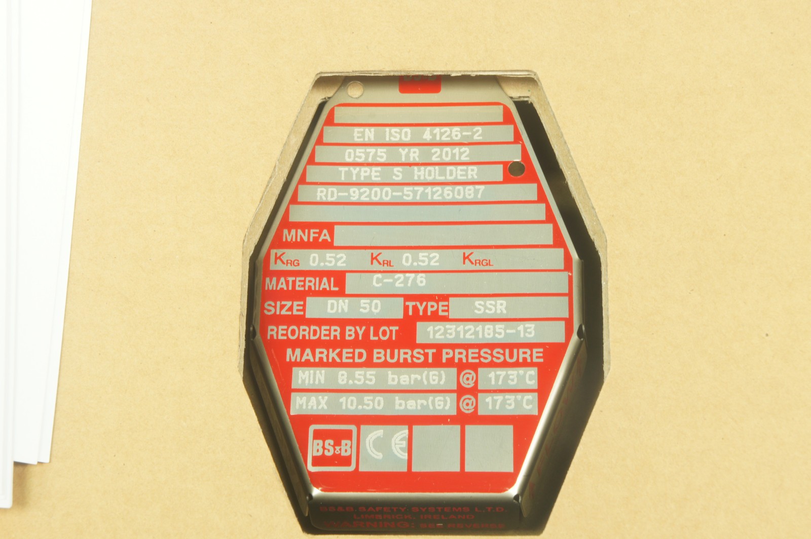 BS&B 12312185-13 SSR break disk 2in.(2″)/DN50 HASTC-276 8.55-10.50bar(G)@173°C