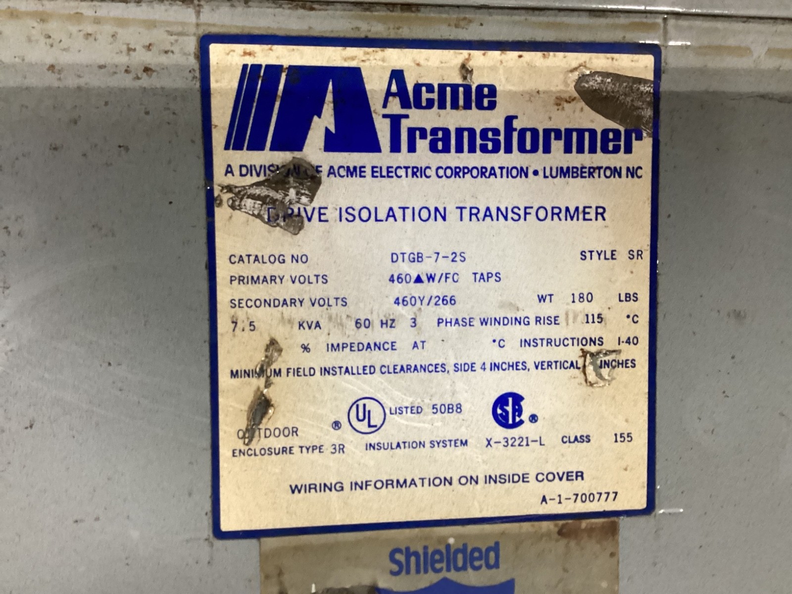 ACME TRANSFORMER DTGB-7-2S – 7.5 KVA DRIVE ISOLATION TRANSFORMER #100JM*ML
