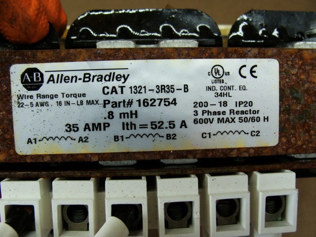 ALLEN BRADLEY LINE REACTOR 1321-3R35-B 35A 3PH 600V 22-5 AWG 16 IN-LB MAX