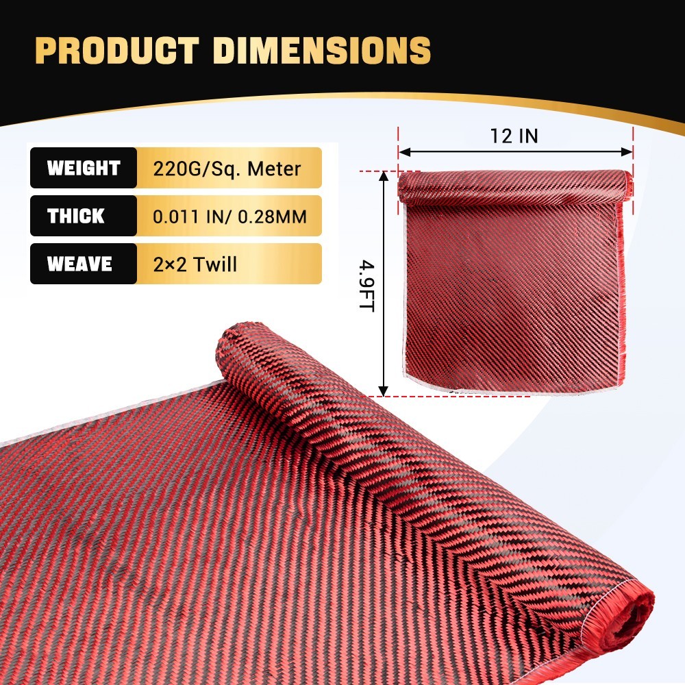 12″ x 5FT Twill Weave Black Red Carbon Fiber Fabric Cloth (3K, 9oz, 12″x59″)