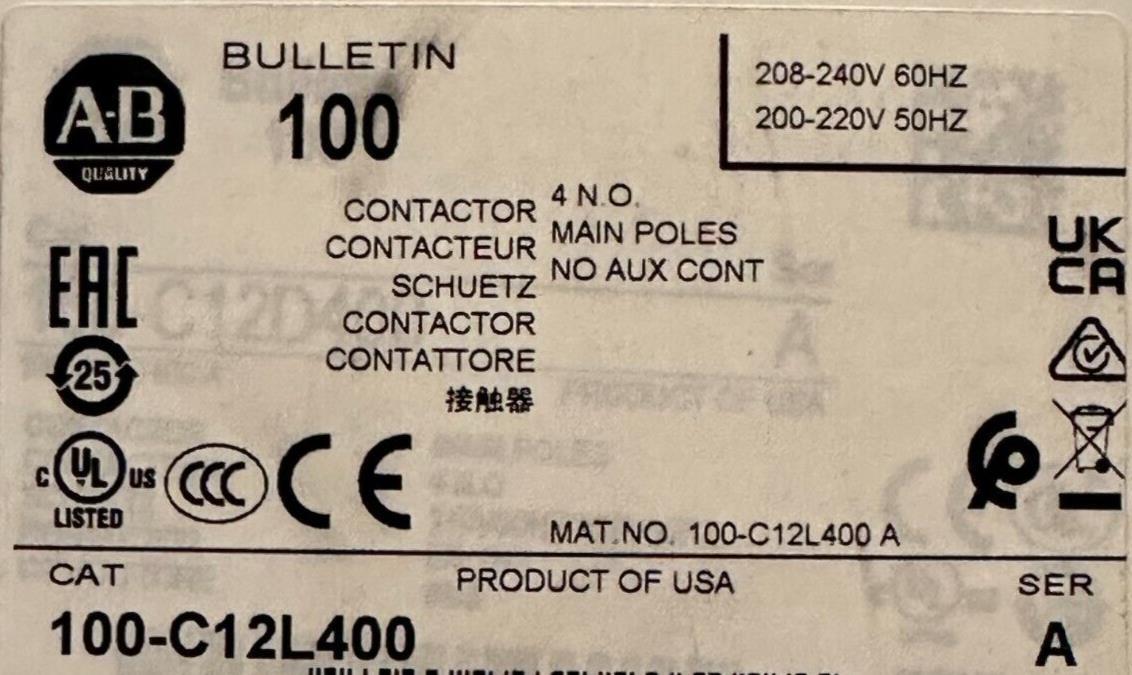 New! Allen Bradley 100-C12L400 Contactor 200-220V 50Hz, 208-240V 60Hz, Ser A