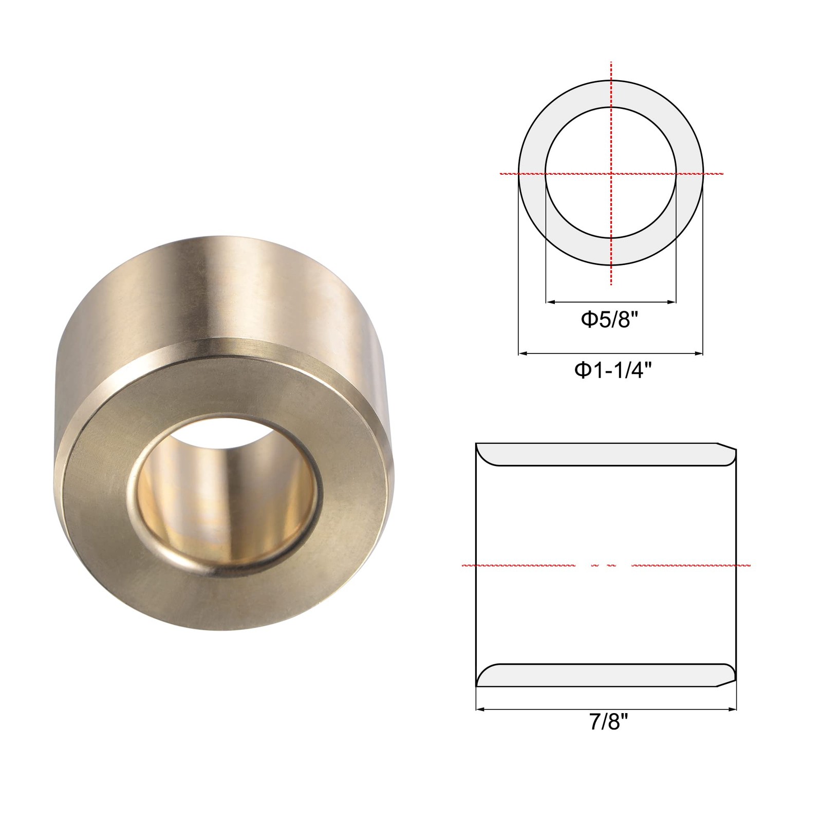 5/8 X 1 1/4 X 7/8 Brass Tone Oilless Sleeve Bearing Bushing For Machinery