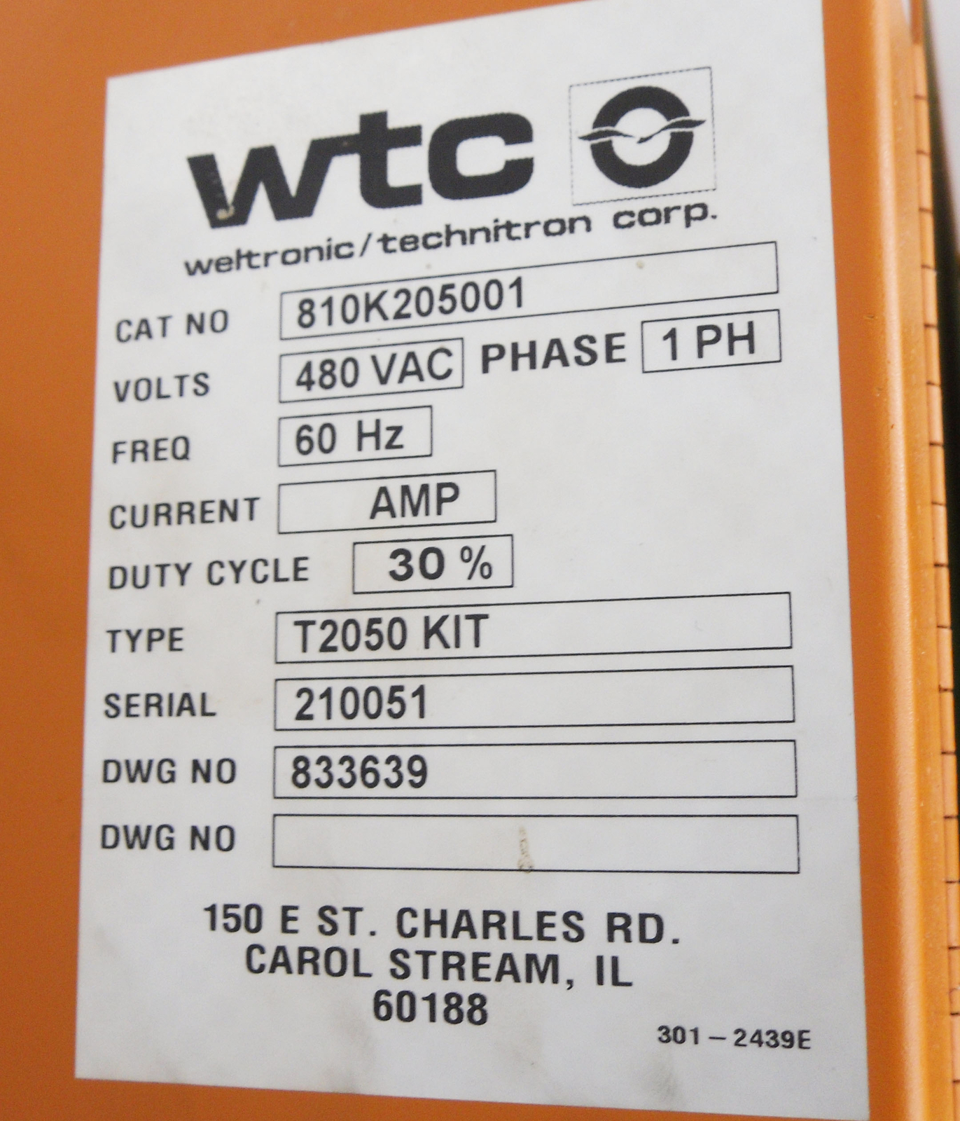 WTC T2050 KIT RESISTANCE WELDING CONTROL PANEL 480VAC 1PH 60HZ 810K205001 *READ*