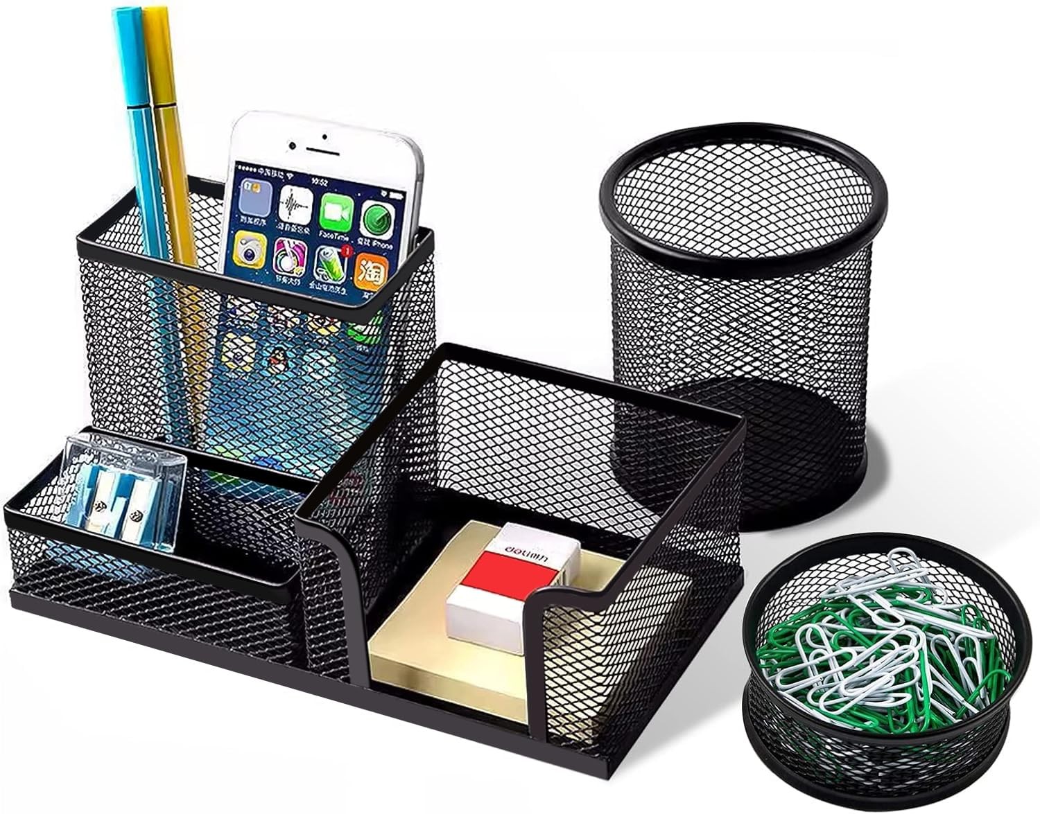 Pen Holder for Desk, Desk Organizers Set-3 Compartments Mesh Rectangle, Black