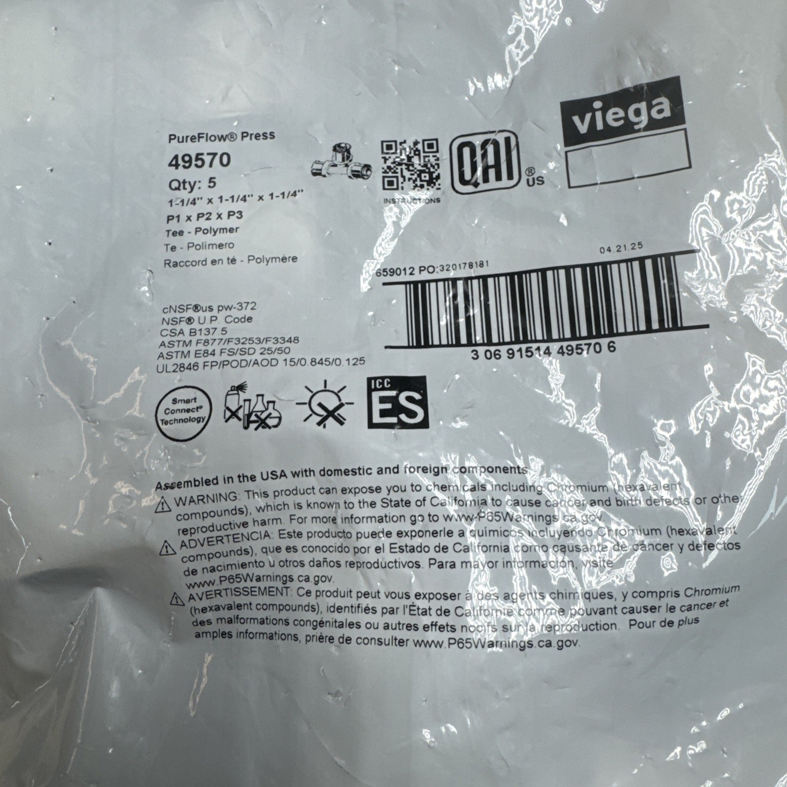 Viega 49570 1-1/4 PEX Press PureFlow Polymer Tee Qty 5🔥