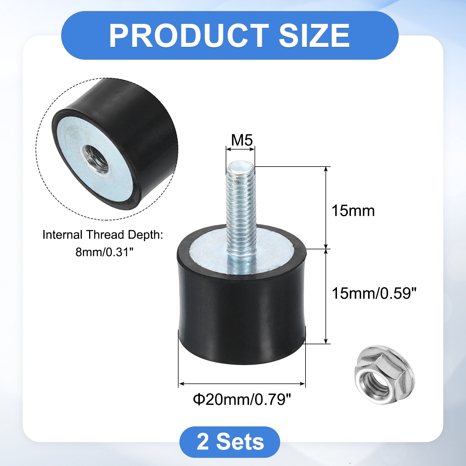 2Pcs, M5x14mm Rubber Mounts 20x15mm(DxH) Rubber Shock Absorber Mount w/ Nuts