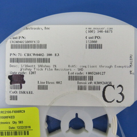 Mouser Electronics CRCW0402100RFKED Qty of 550 per Lot RES 100 OHM 1% 0402 1/16