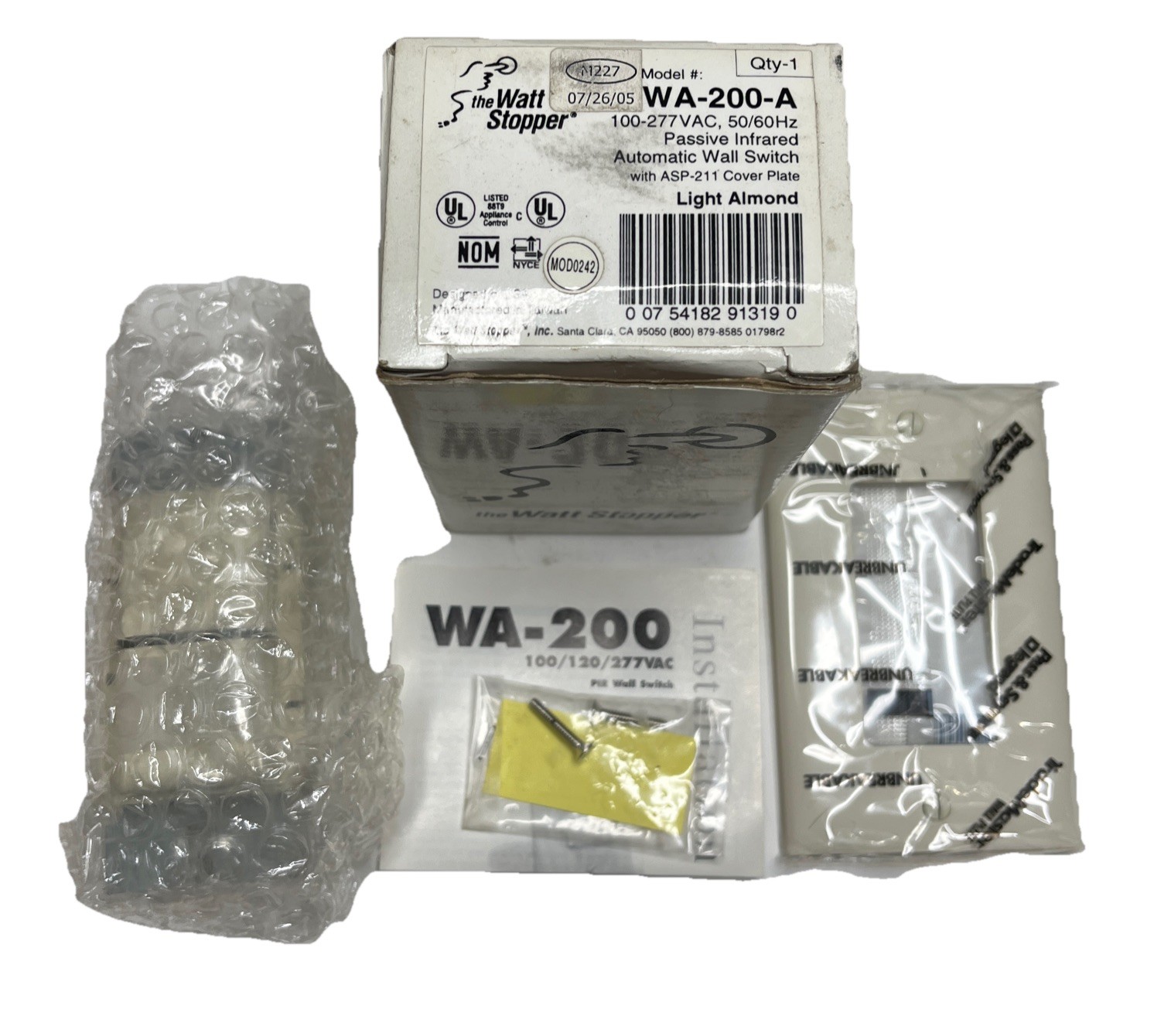 Watt Stopper WA-200-A Passive IR Automated Wall Switch 120-277 VAC 50/60 Hz