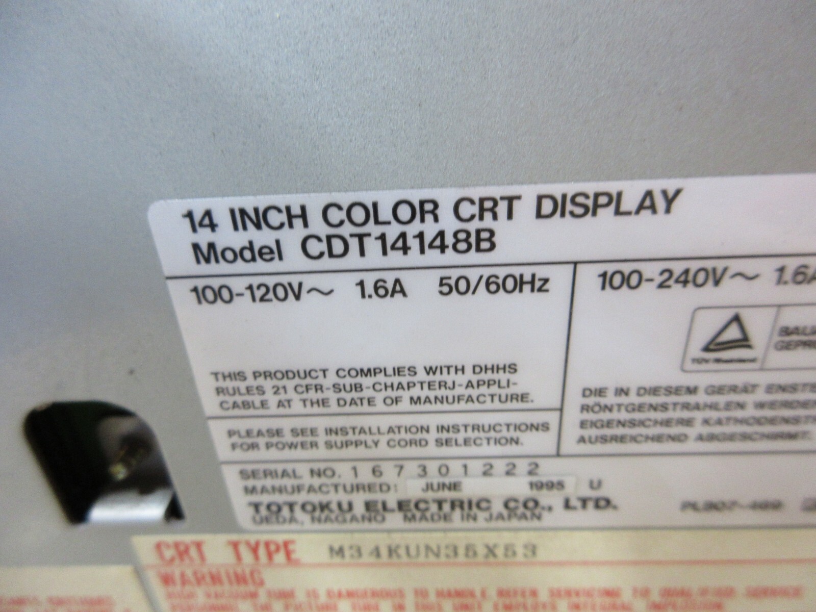 SPECIAL PRICE 96 MITSUBISHI CX-20 EDM TOTOKU CDT14148B MONITOR DISPLAY WARRANTY