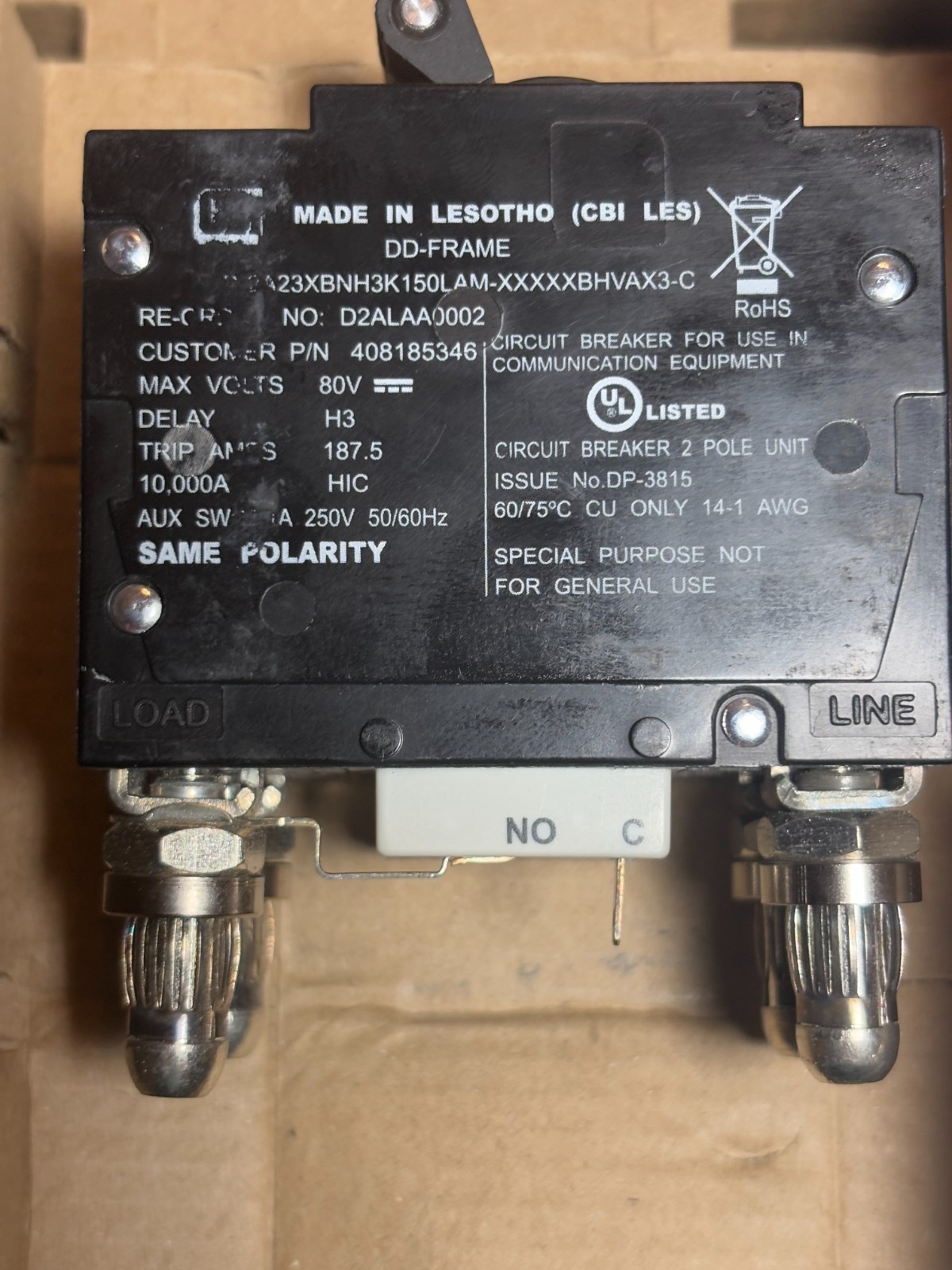 CBI D2ALAA0002 AT&T 408185346 150A 80VDC 2-Pole Circuit Breaker New OEM