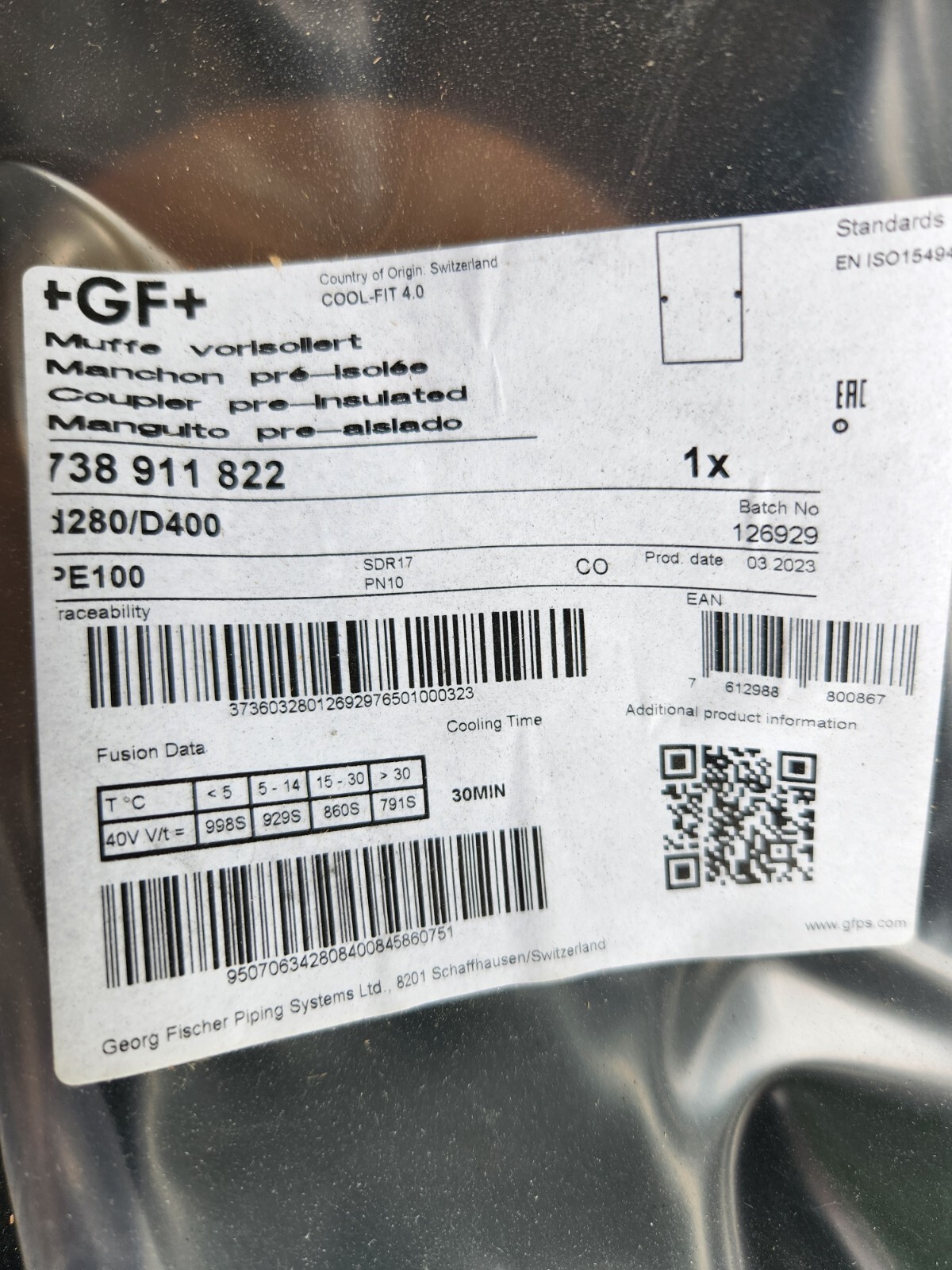 +GF+ GF COOL-FIT 4.0 sleeve, Ø280 / 400mm 176280, PE100