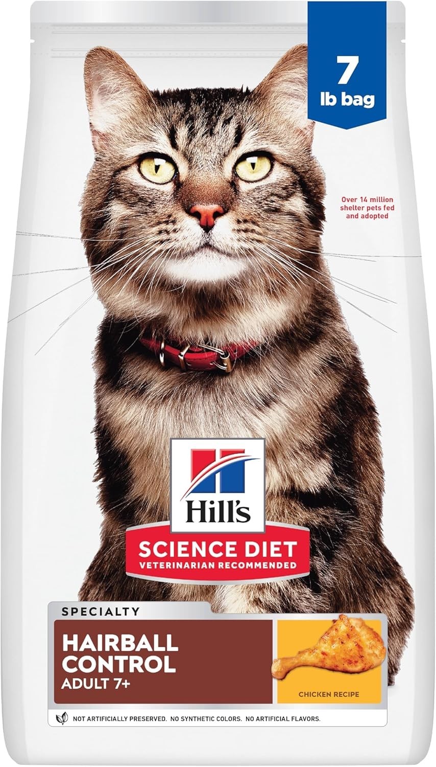 Hill’s Science Diet Adult 7+ Hairball Control Cat Food 7lb Chicken Dry -Free P&P