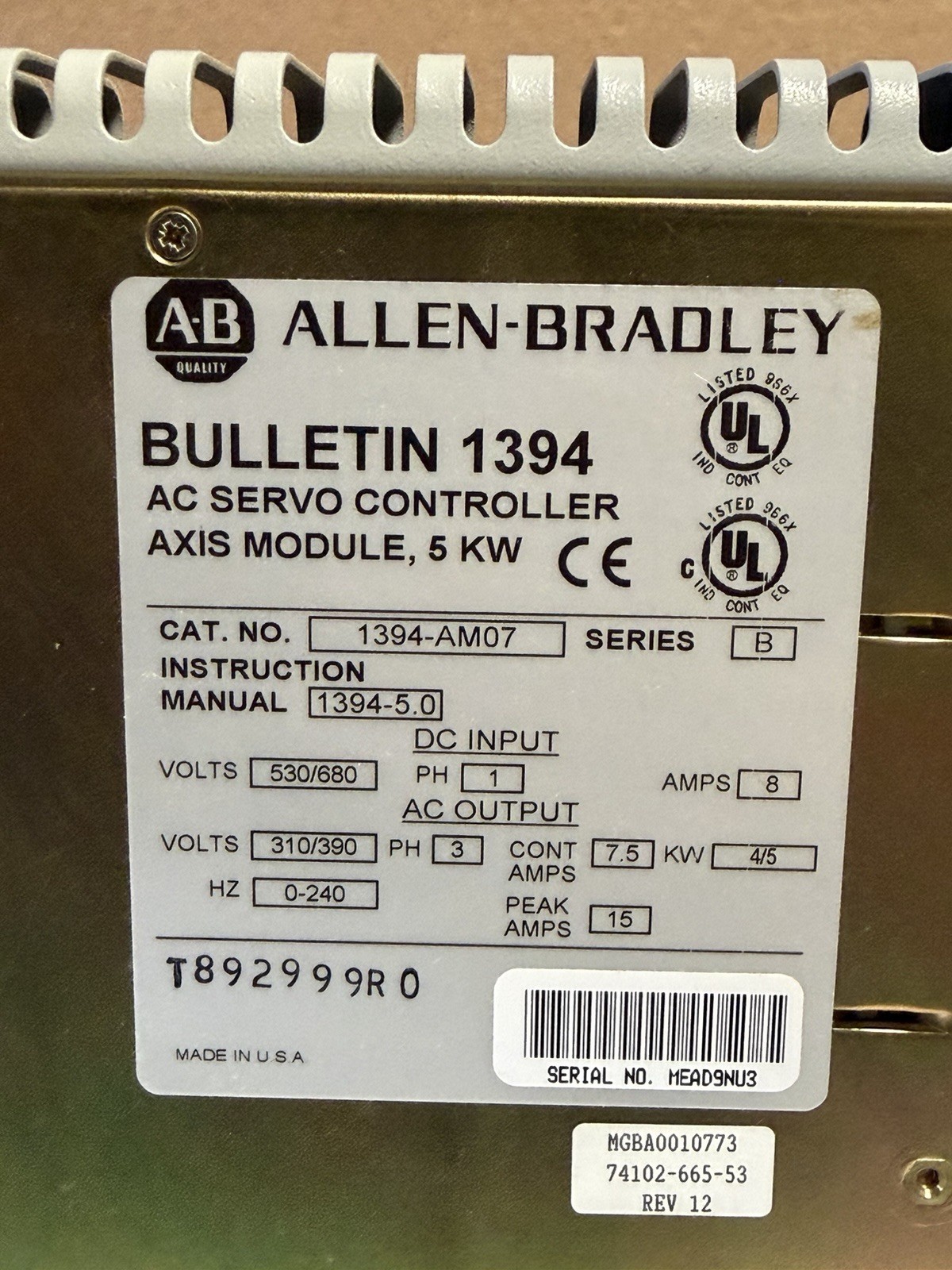 Allen-Bradley 1394-AM07 AC Servo Controller Axis Module 5kW Servo Drive Ser B