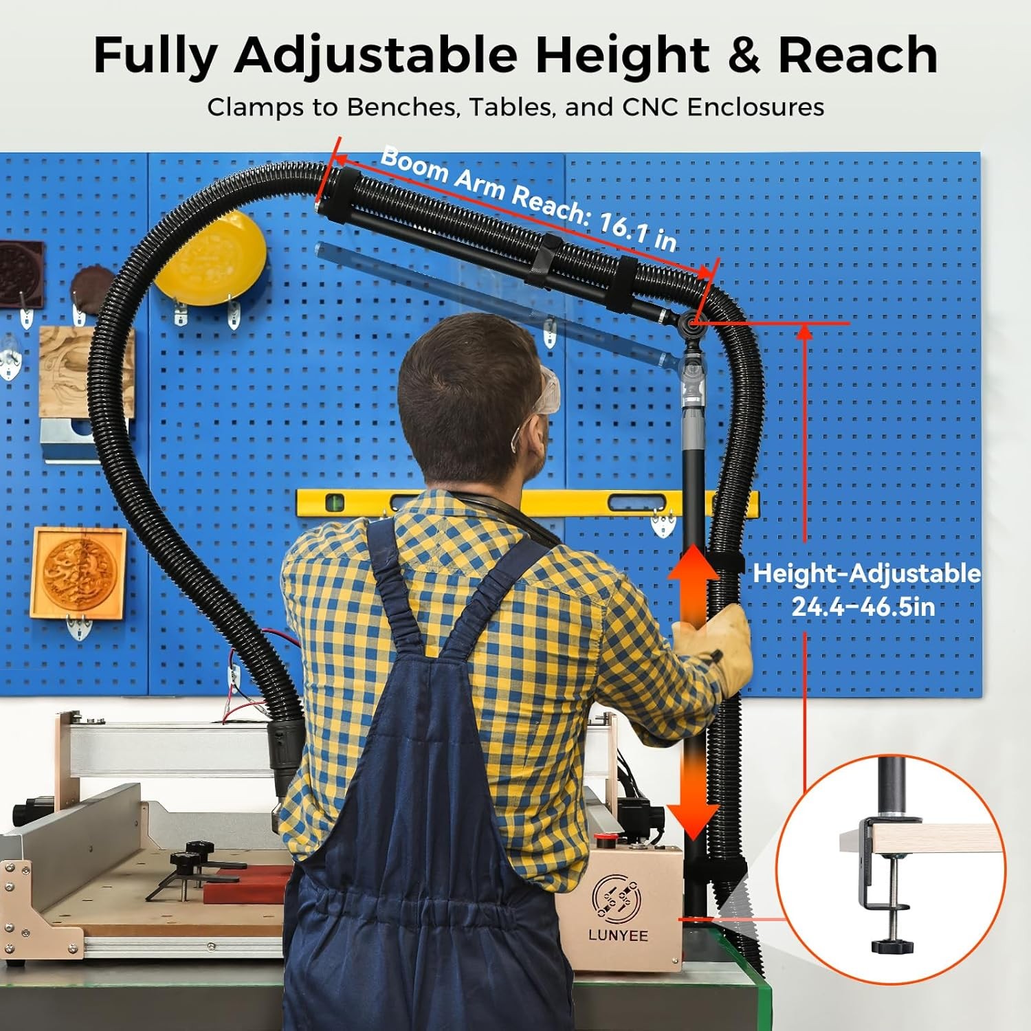 Dust Collection Boom Arm for CNC Router – Adjustable Clamp Mount Hose Holder
