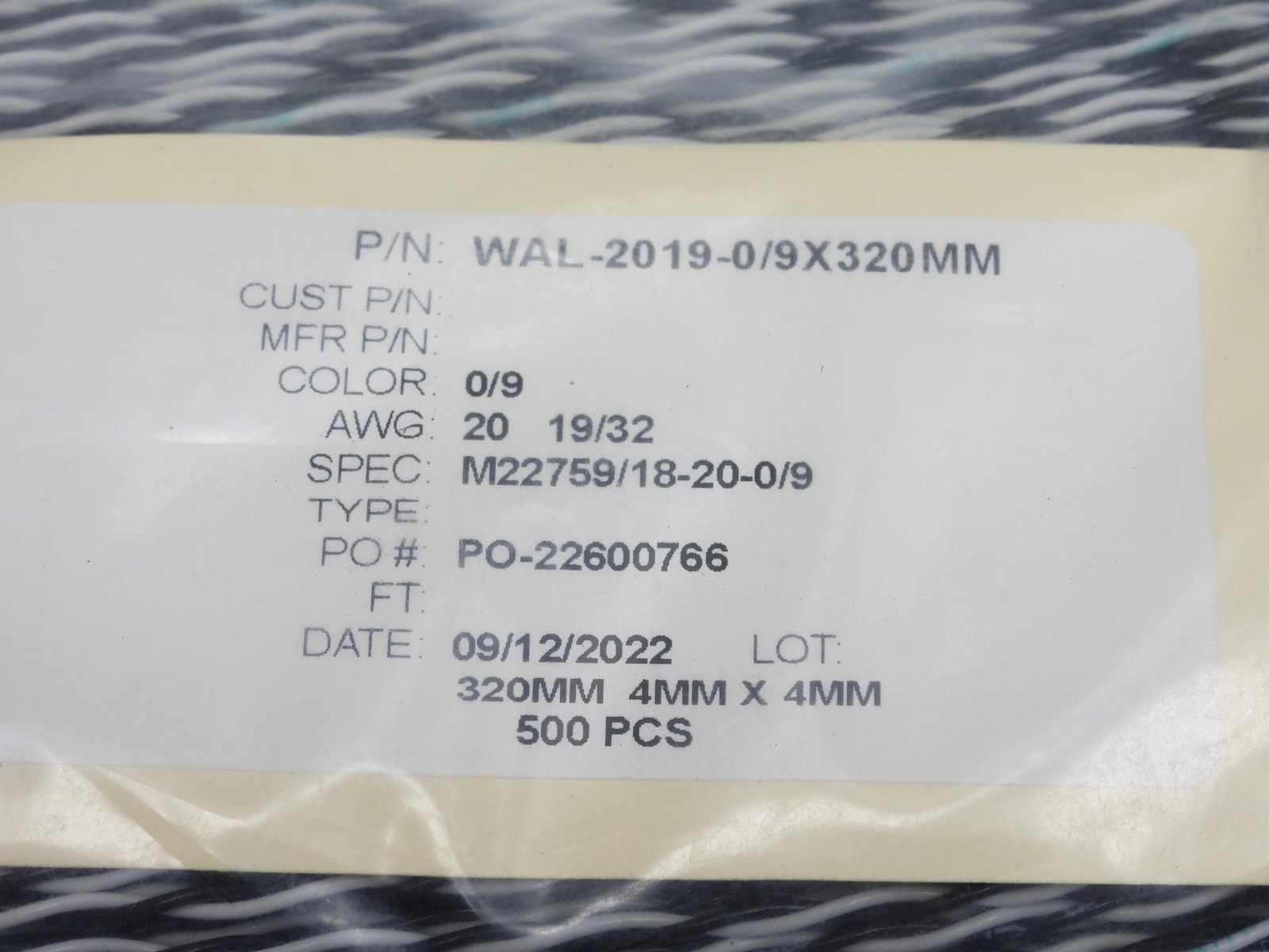500pcs Mil-Spec Wire M22759 18-20-0/9 Wire 20 AWG 19/32, 2-Conductor Black/White