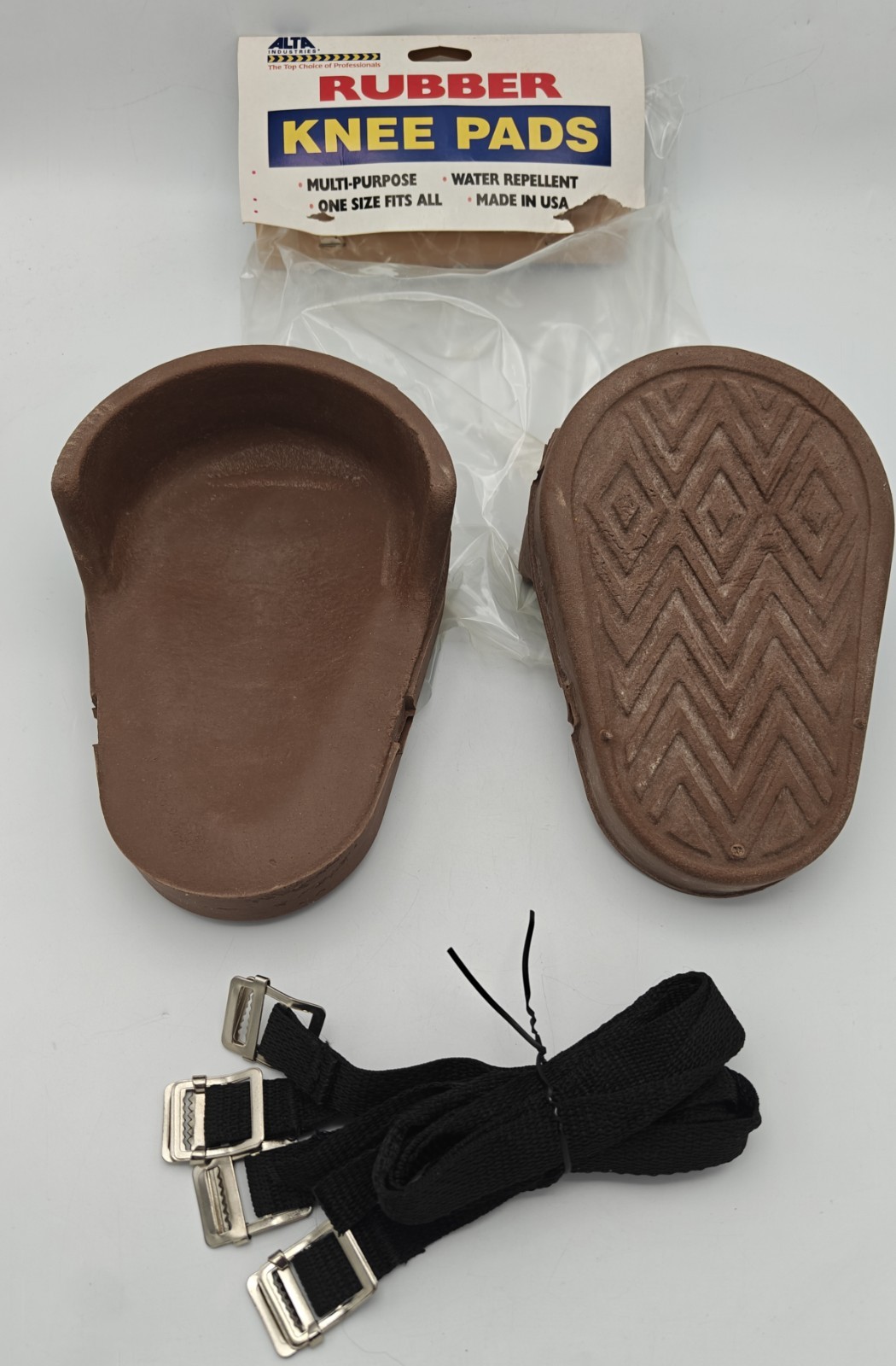 Brand New Old Stock Alta Industries Rubber Flat Knee Pads W/ Buckles Made in USA