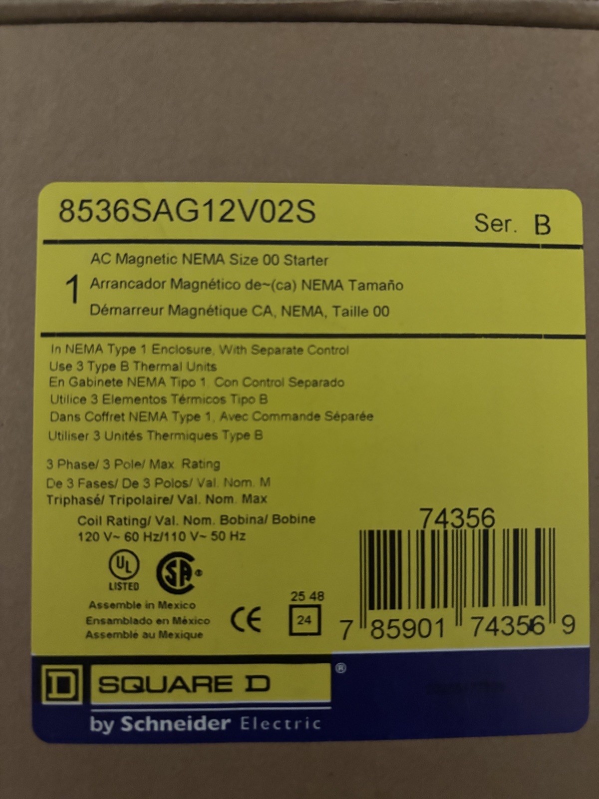 SQUARE D 8536SAG12V02S MagneticMotorStarter,Thermal,110/120VAC 1H470