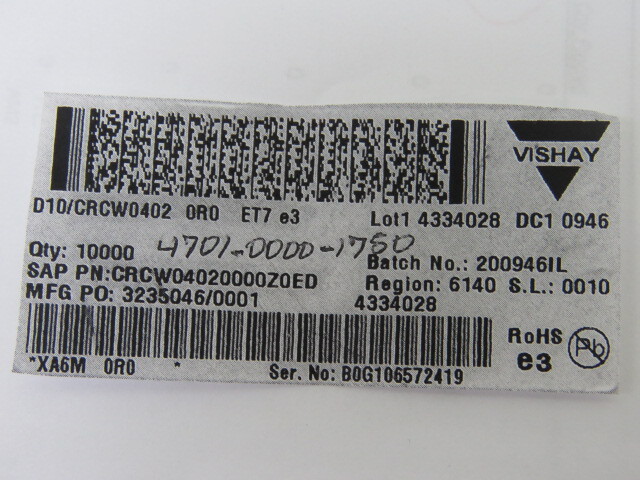 VISHAY CRCW04020000Z0ED Qty of 1300 per Lot VISHAY CRCW04020000Z0ED